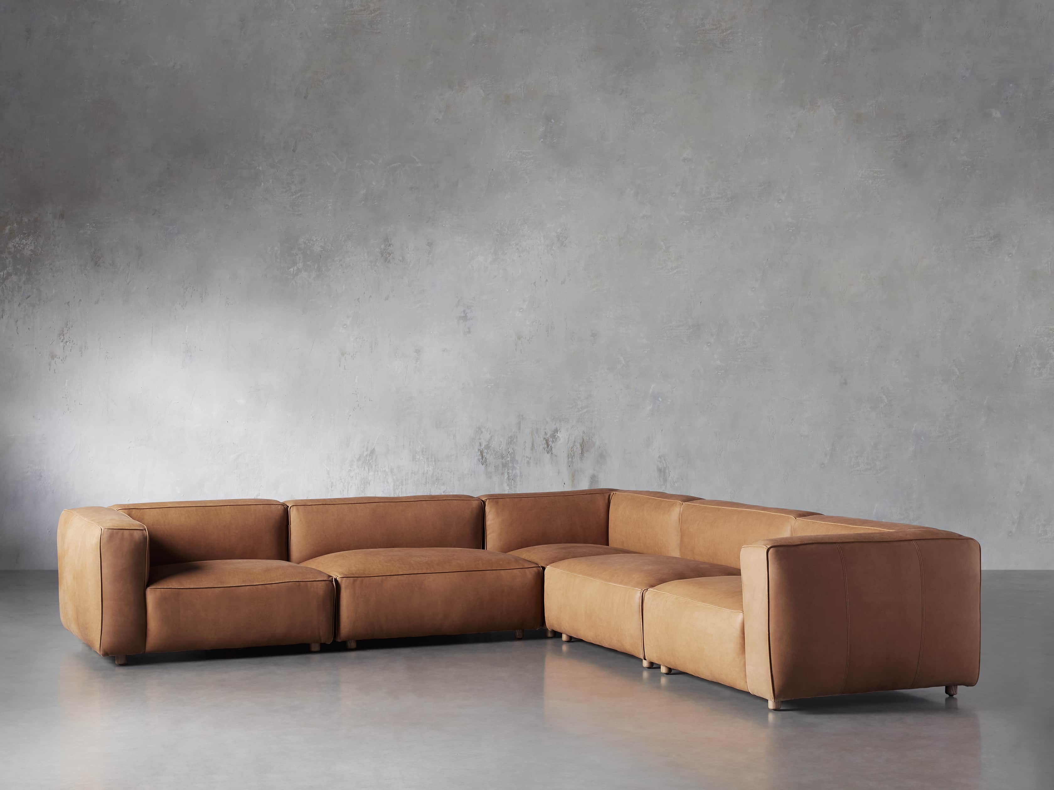 Madrone Leather 130" Five Piece Sectional in Burnham Camel, slide 3 of 7