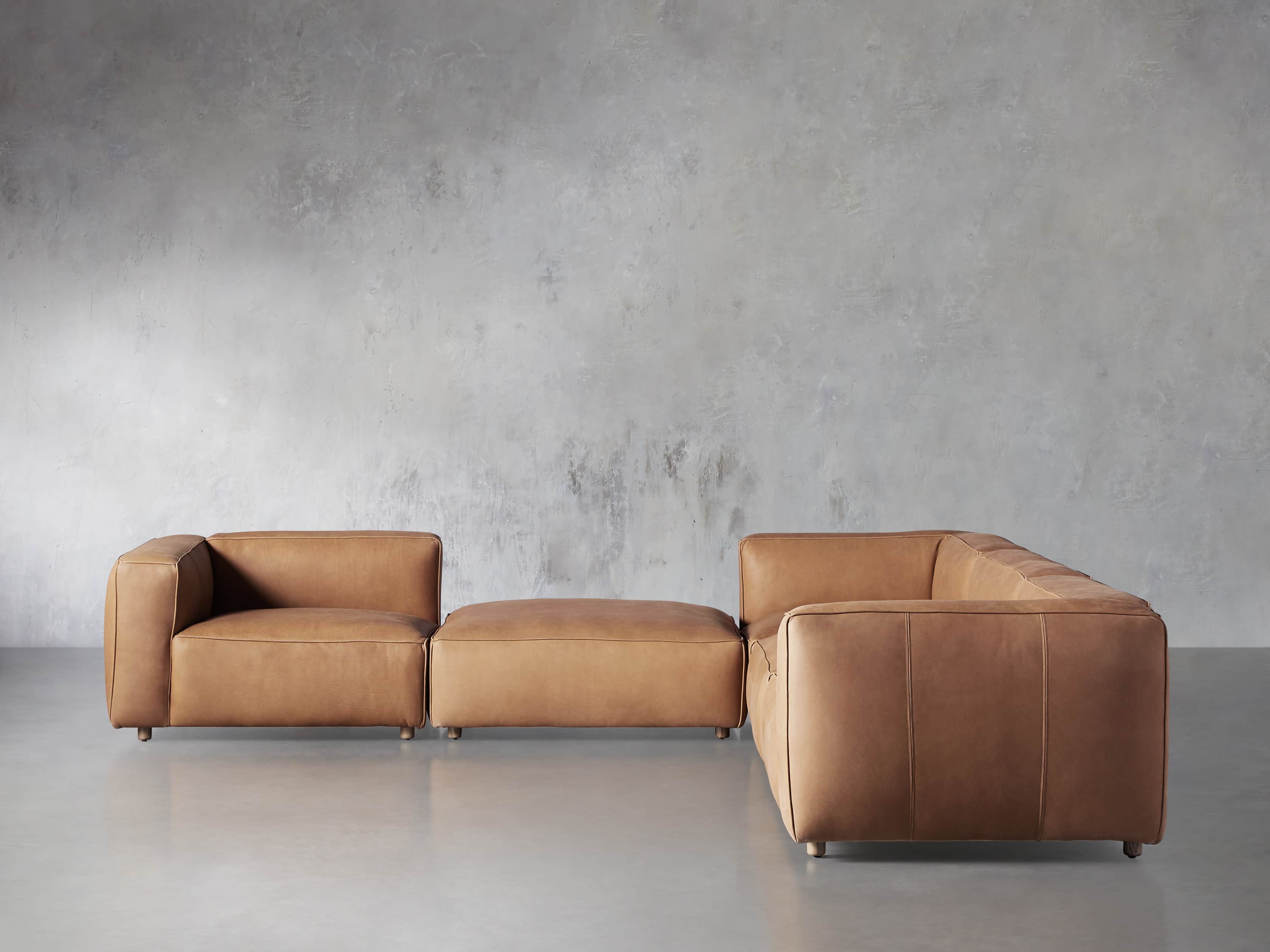 Madrone Leather Five Piece Left Arm Sectional with Ottoman in Burnham Camel, slide 1 of 6