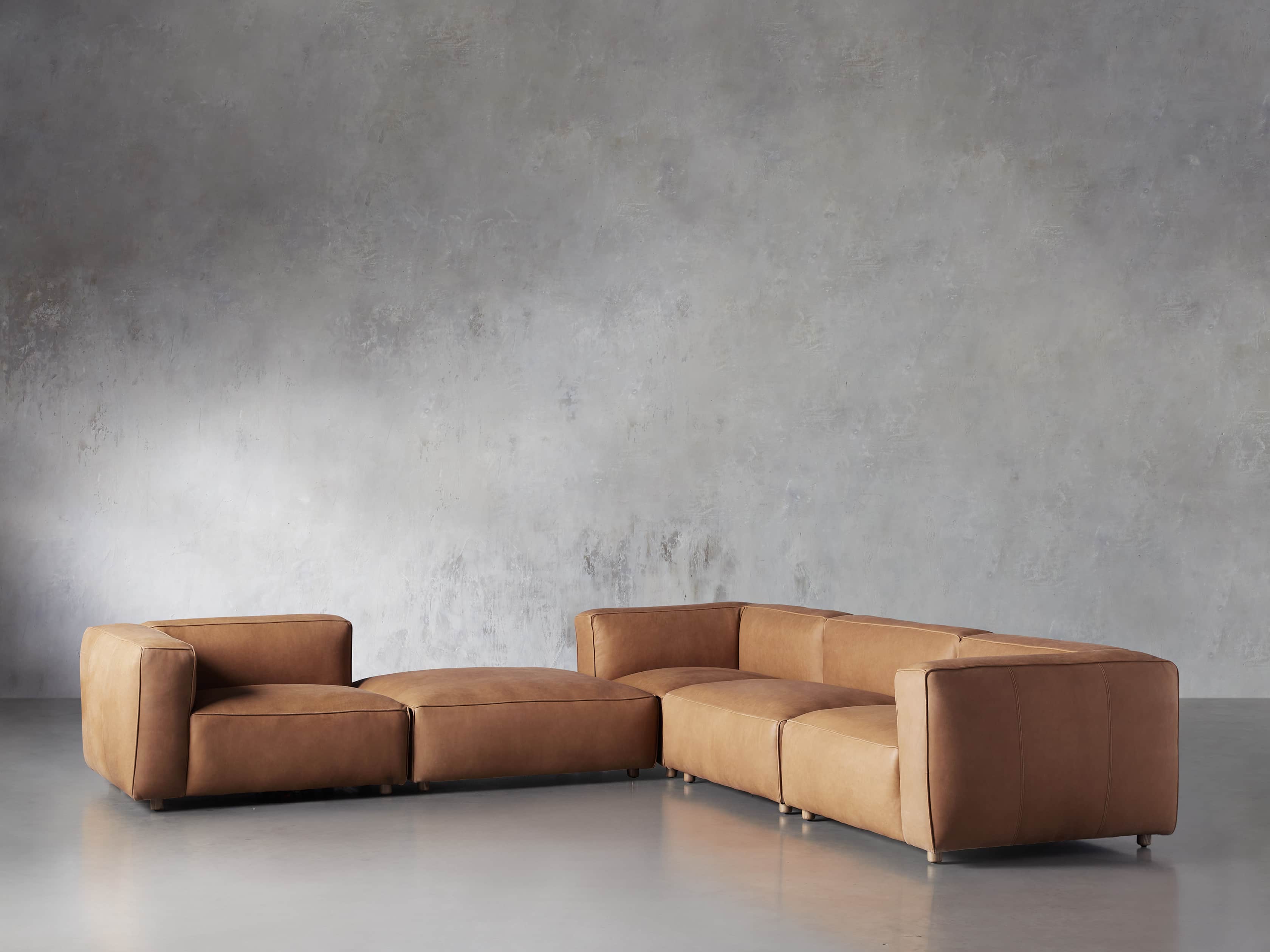 Madrone Leather Five Piece Left Arm Sectional with Ottoman in Burnham Camel, slide 2 of 6