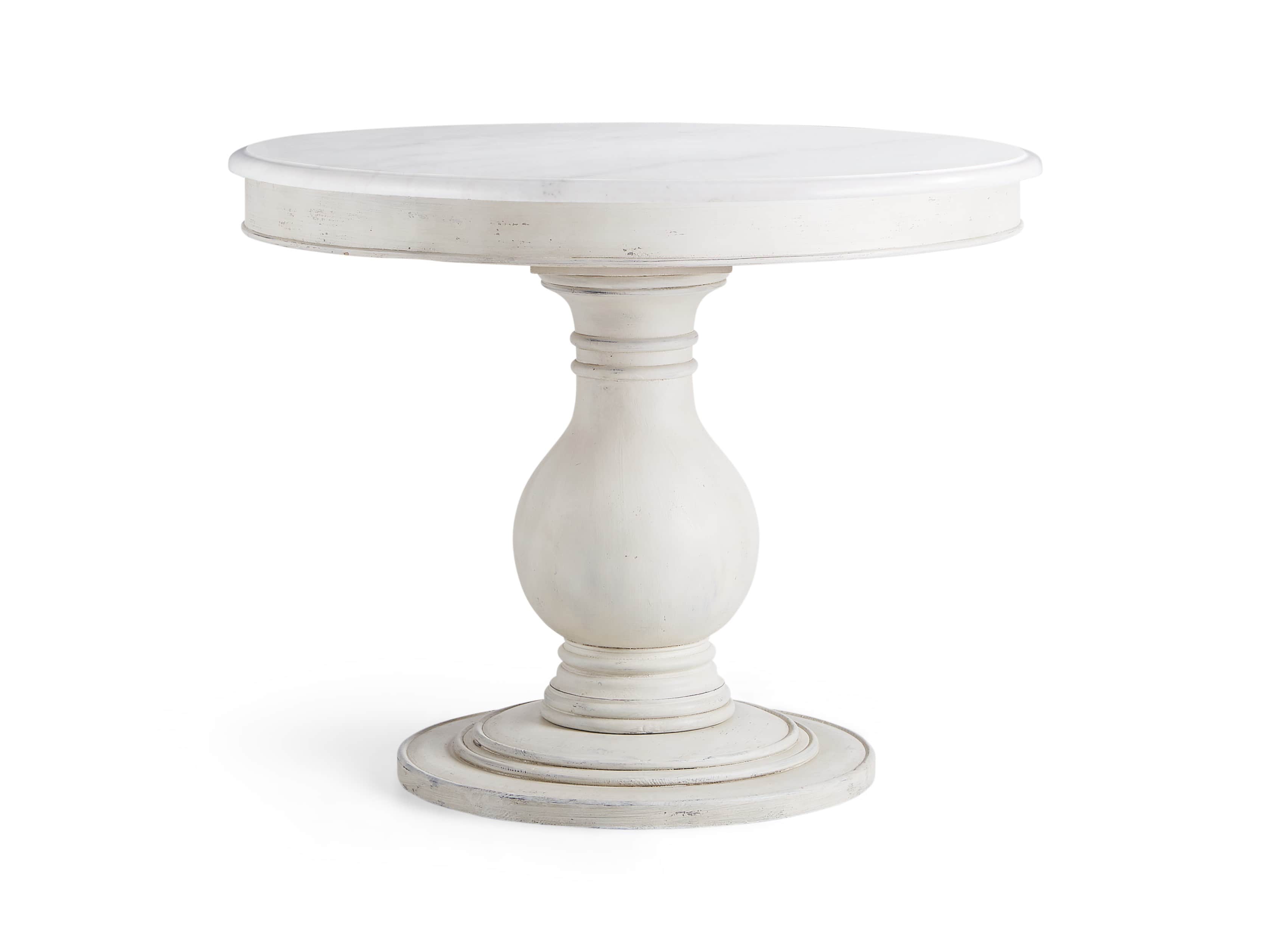 Luca Round Dining Table with White Marble Top in Rustic White - Come take a peek at more Arhaus French Vintage Timeless Furniture, Decor and Lighting on Hello Lovely Studio.