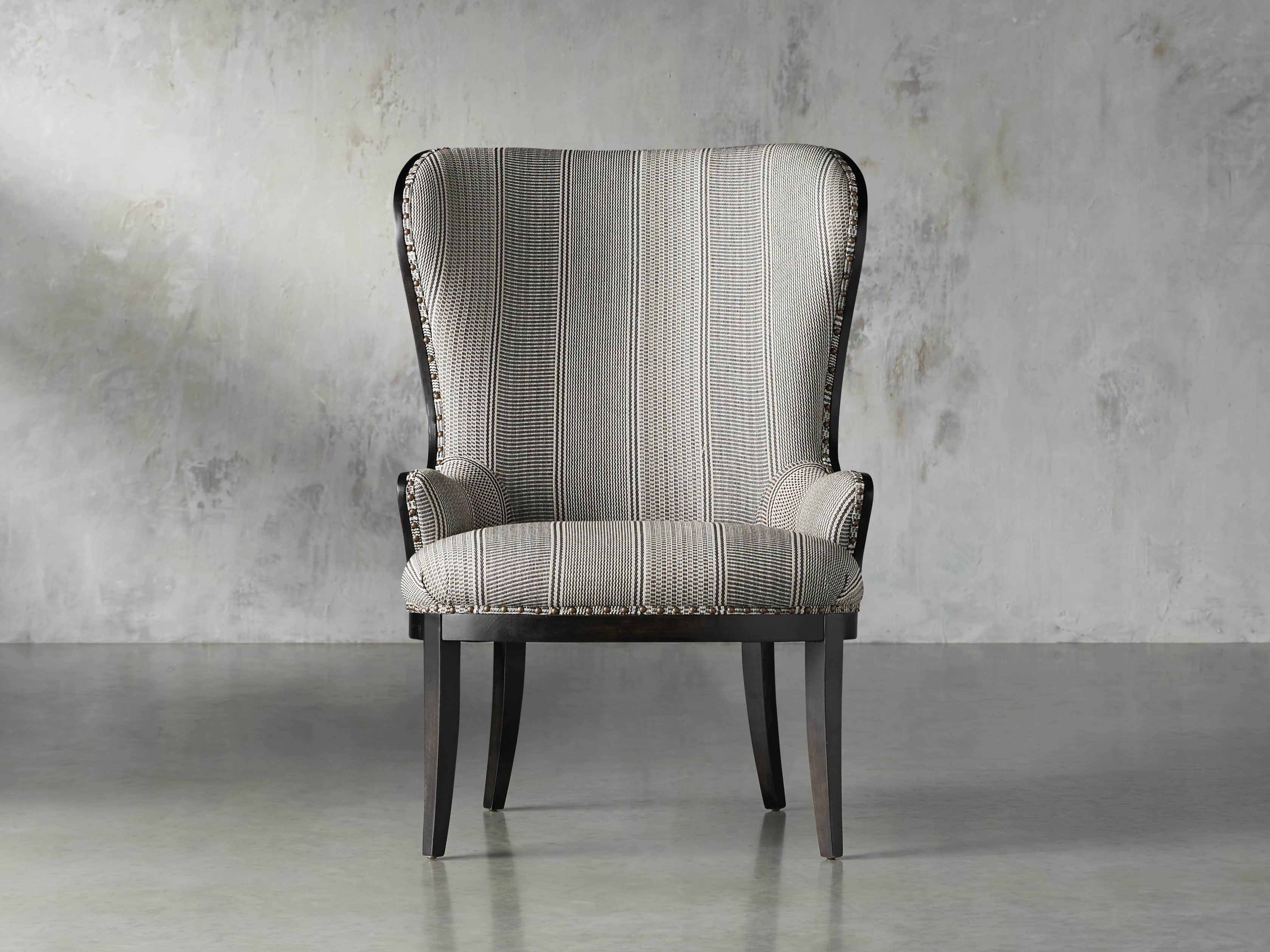 Portsmouth Upholstered Dining Arm Chair in Windrow Peppercorn and Cary Linen, slide 1 of 9