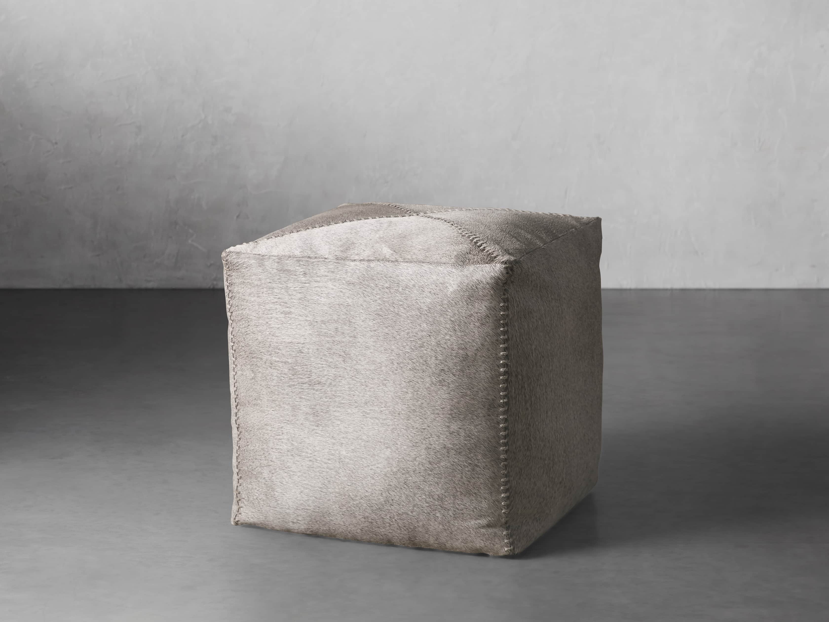 Hide Whipstitch 16"x16" Pouf in Grey, slide 1 of 3