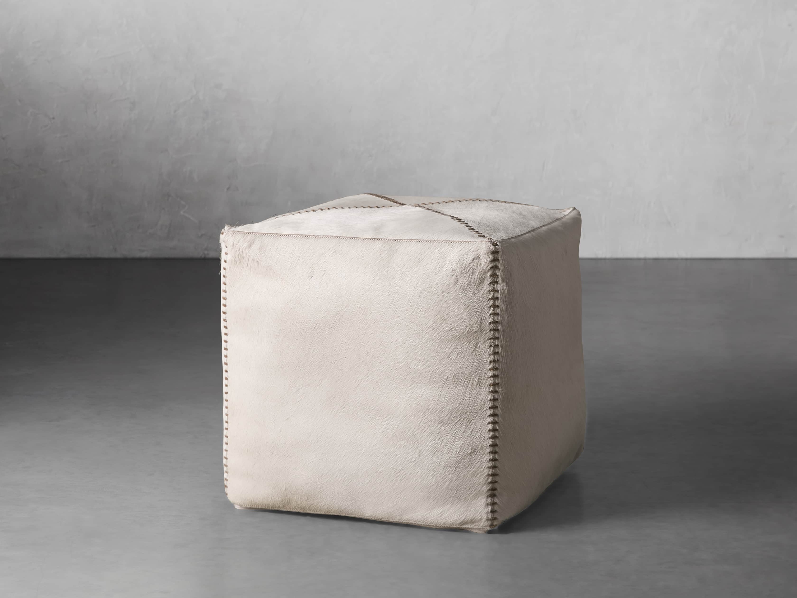 Hide Whipstitch 16"x16" Pouf in Ivory, slide 1 of 3