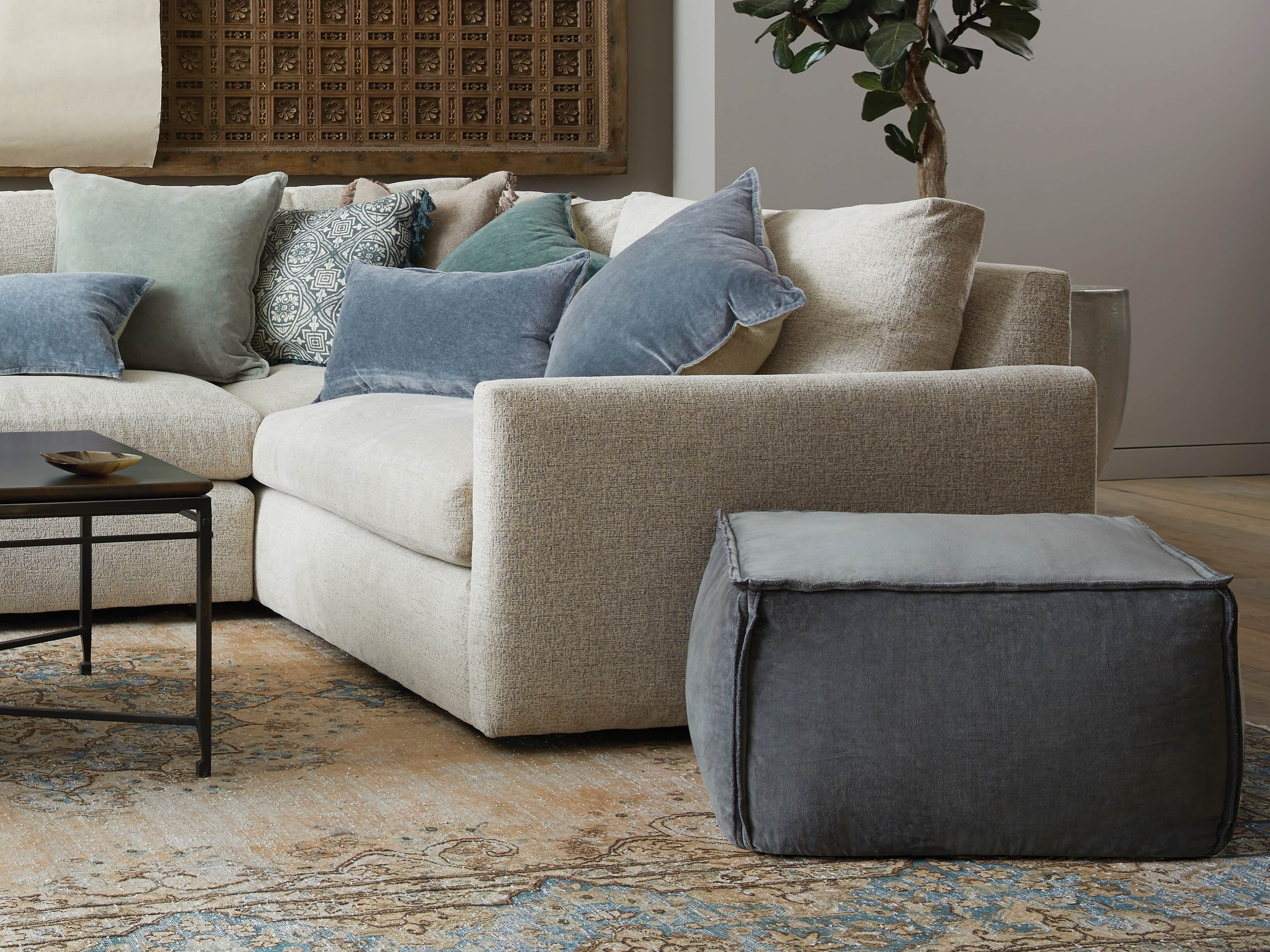 Stone Washed Velvet Light Grey Pouf