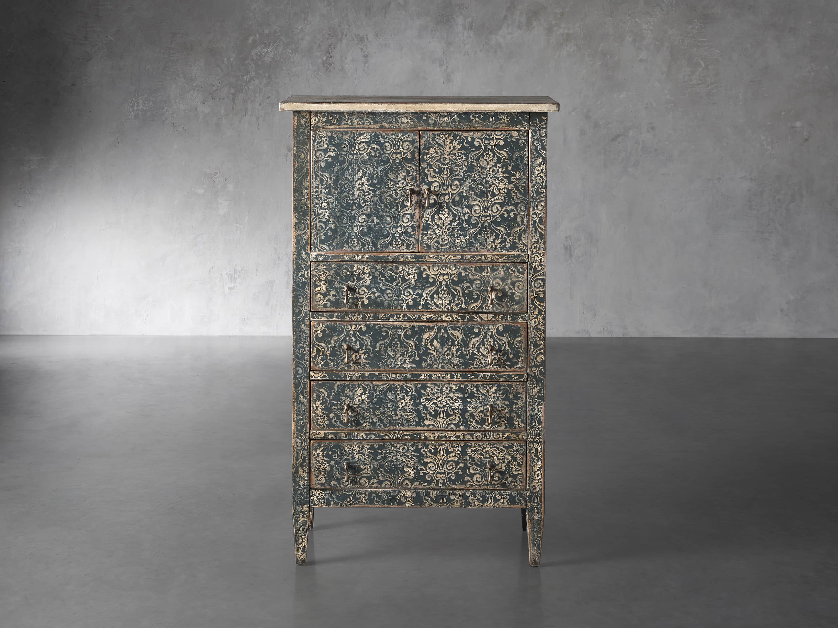Amalfi 31.5" Small 2 Door Cabinet with 4 Drawers in Blue Grigio with White, slide 1 of 5