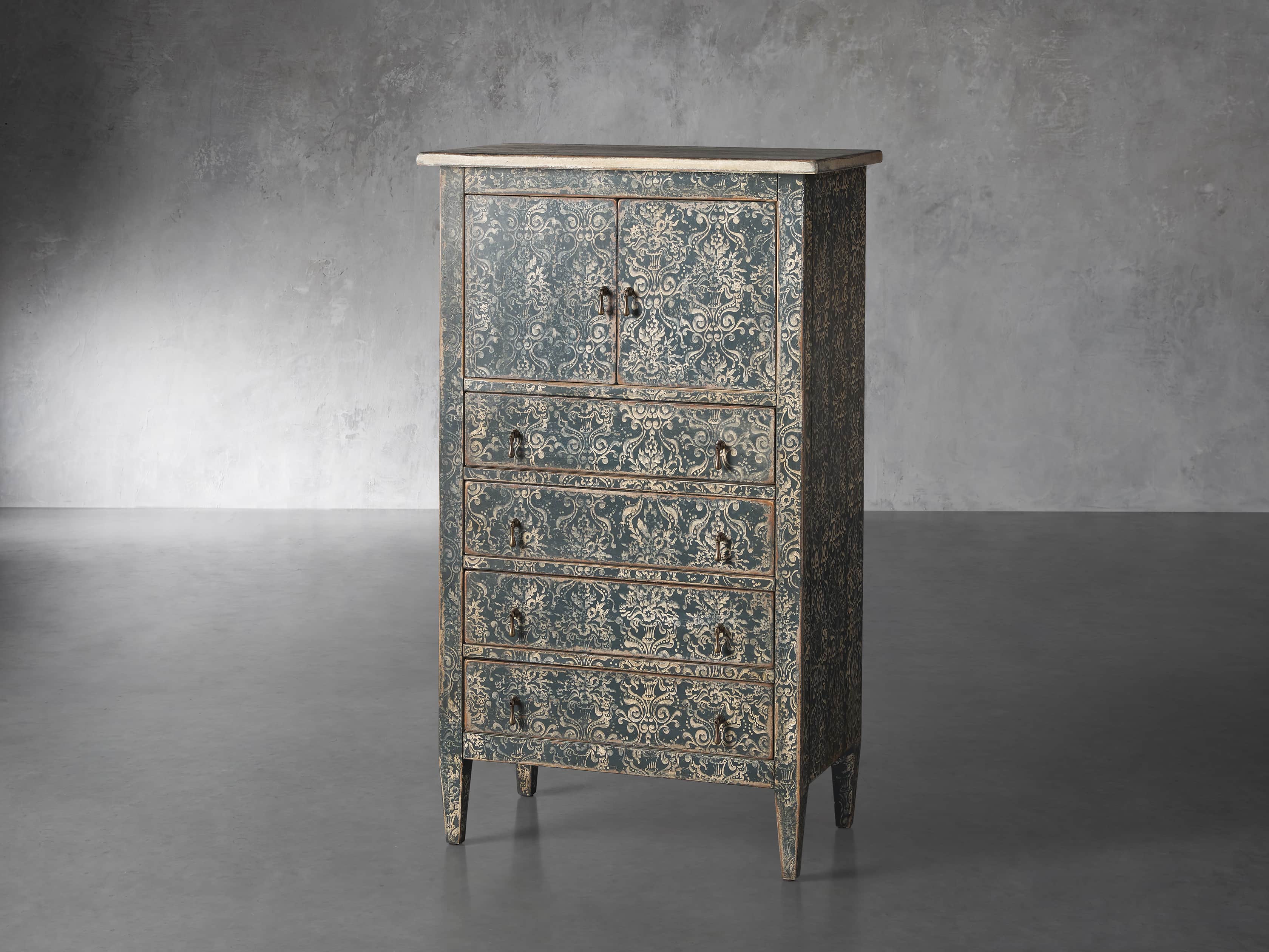 Amalfi 31.5" Small 2 Door Cabinet with 4 Drawers in Blue Grigio with White, slide 2 of 5