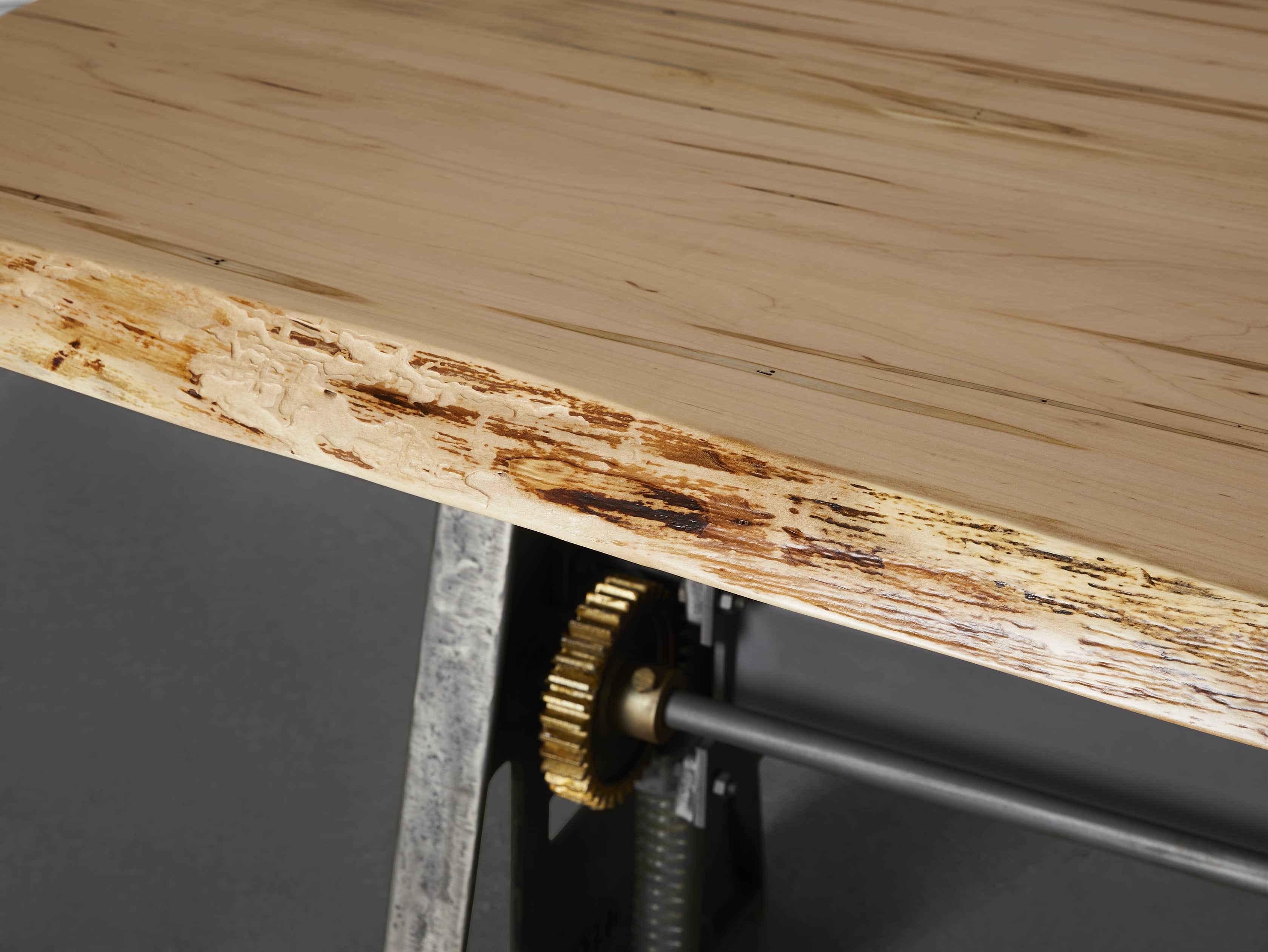 Industrial Crank Desk with Ambrosia Maple Live Edge Wood Top and Large Black and Copper Base, slide 6 of 9