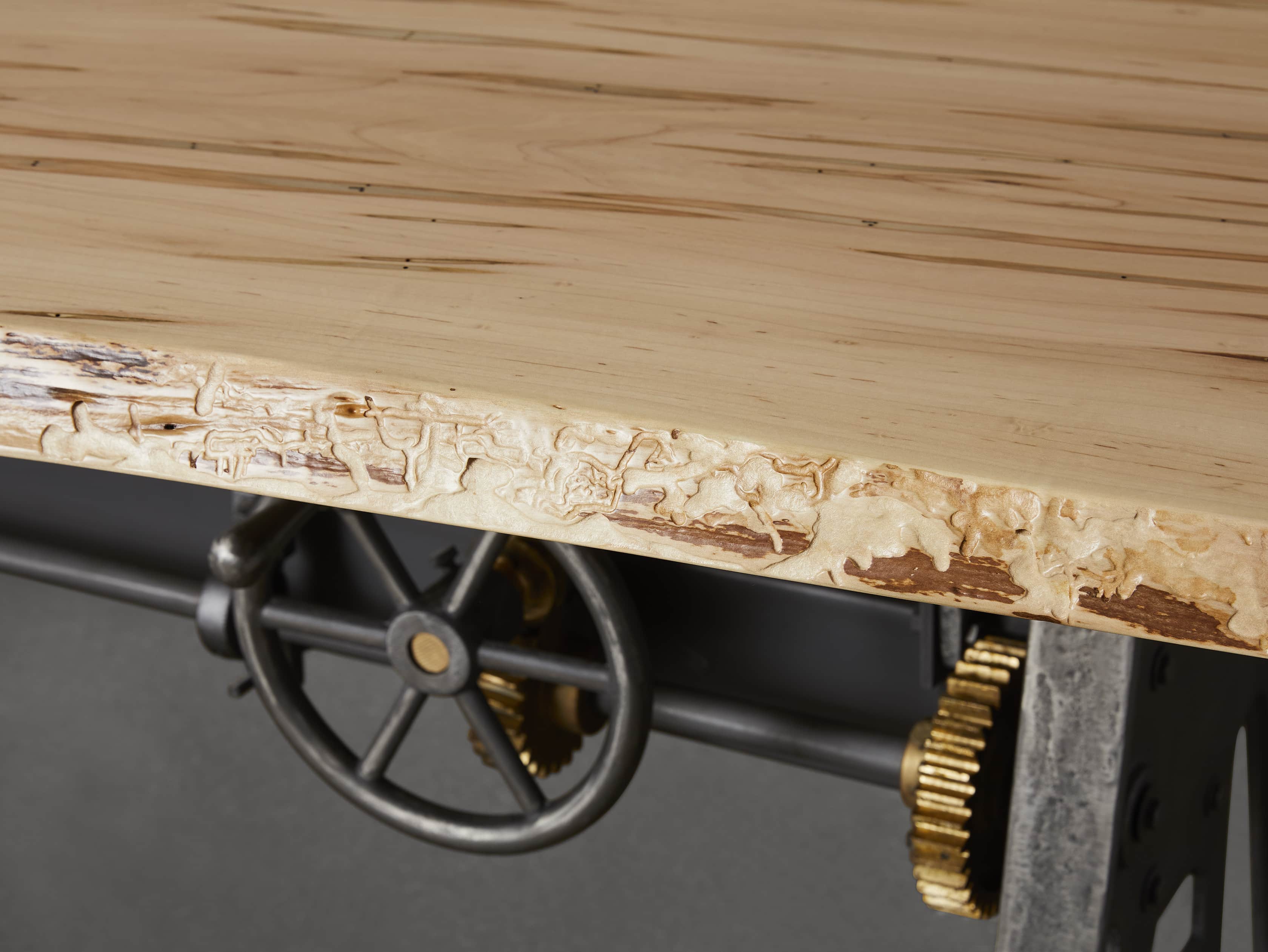 Industrial Crank Desk with Ambrosia Maple Live Edge Wood Top and Large Black and Copper Base, slide 7 of 9