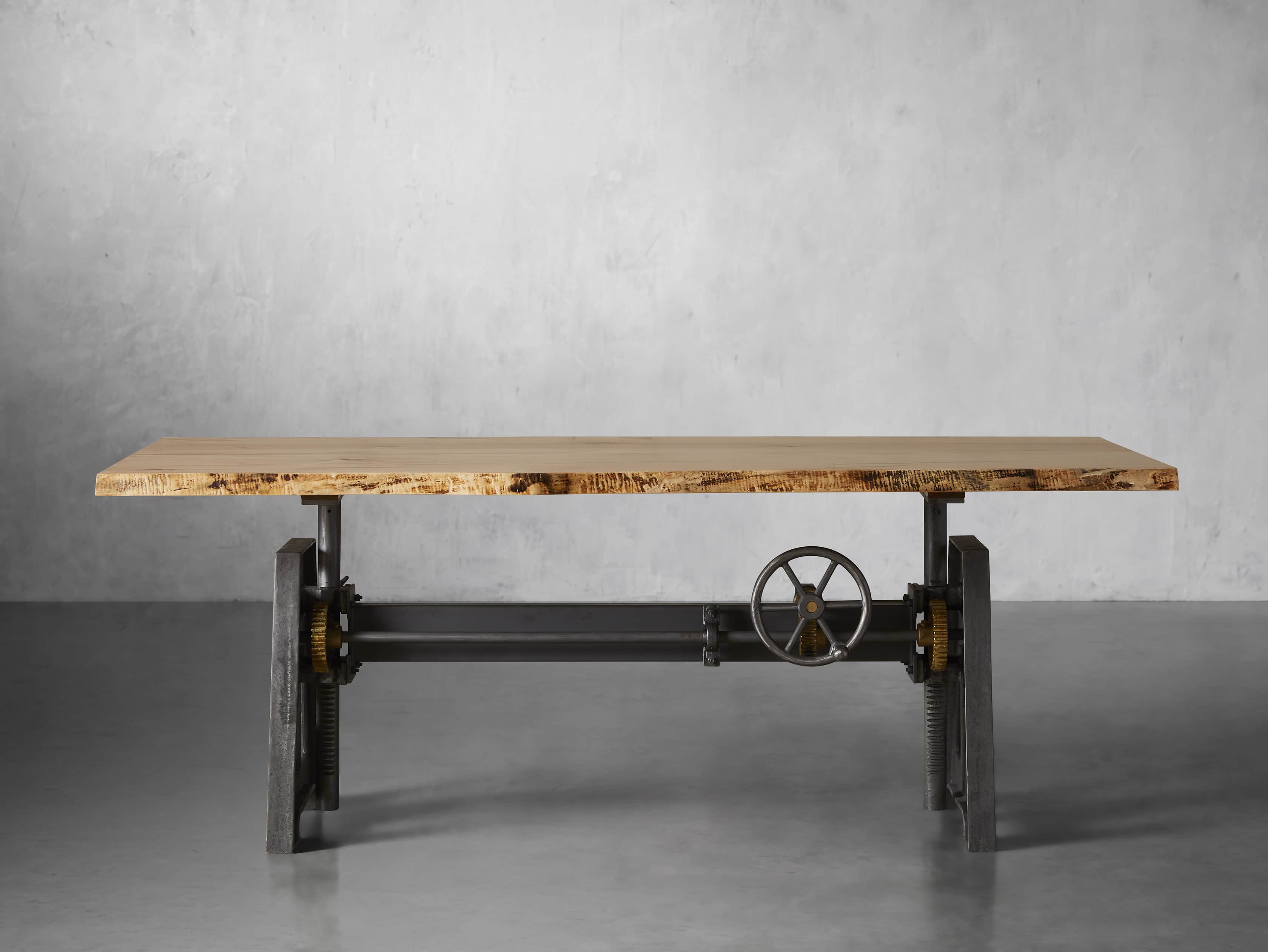 Industrial Crank Desk with Ambrosia Maple Live Edge Wood Top and Large Black and Copper Base, slide 1 of 10
