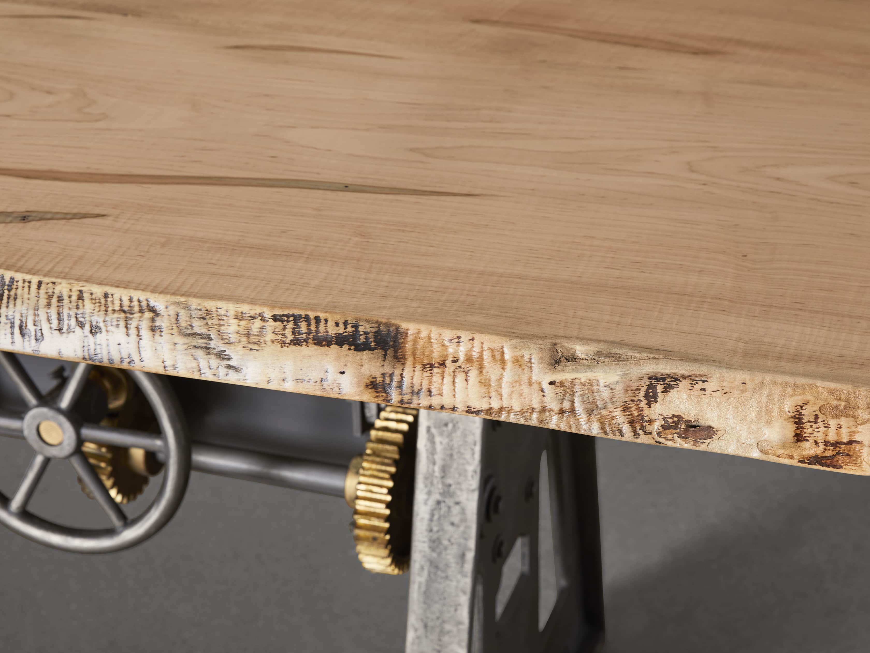 Industrial Crank Desk with Ambrosia Maple Live Edge Wood Top and Large Black and Copper Base, slide 8 of 10