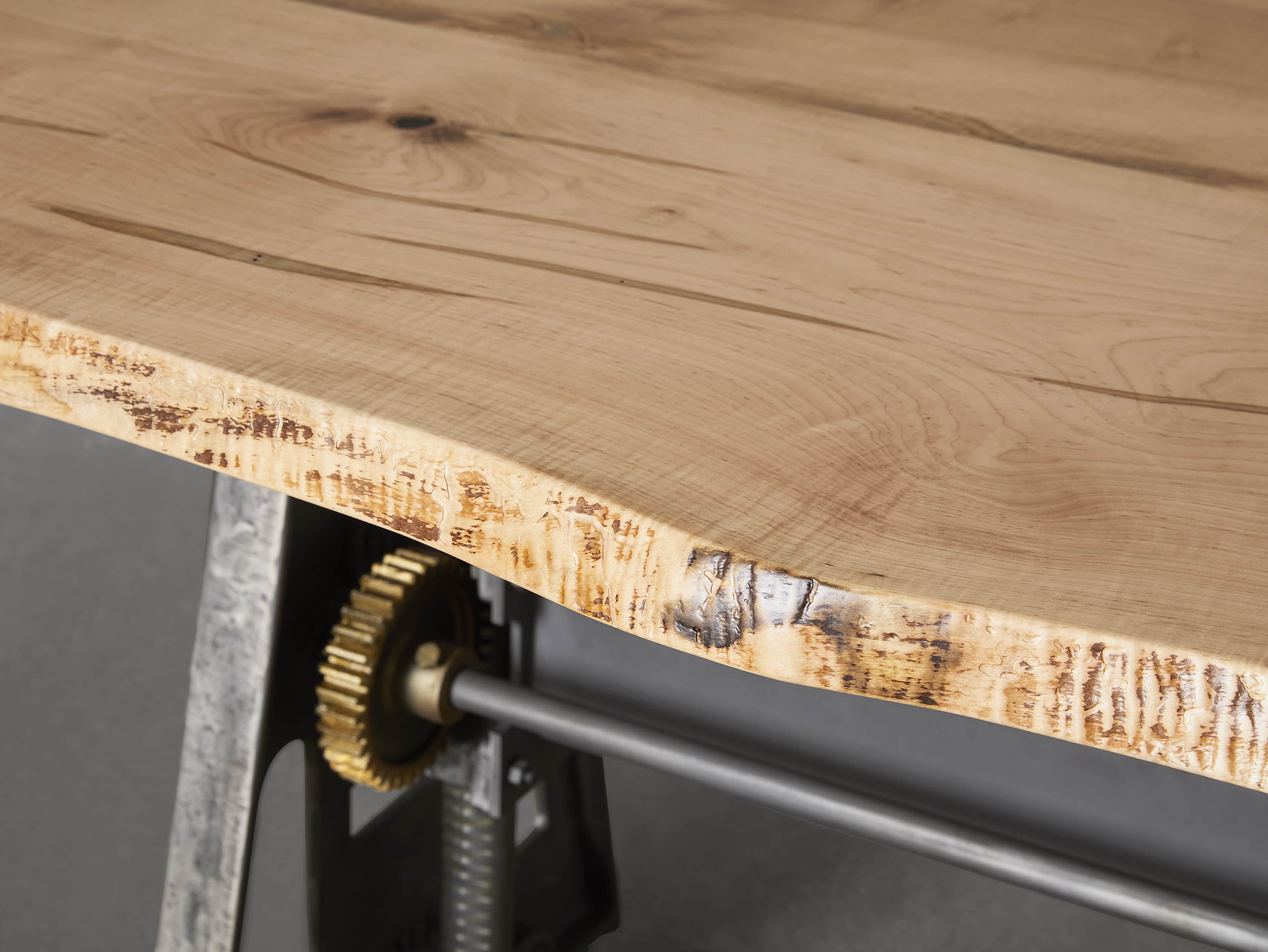 Industrial Crank Desk with Ambrosia Maple Live Edge Wood Top and Large Black and Copper Base, slide 6 of 10