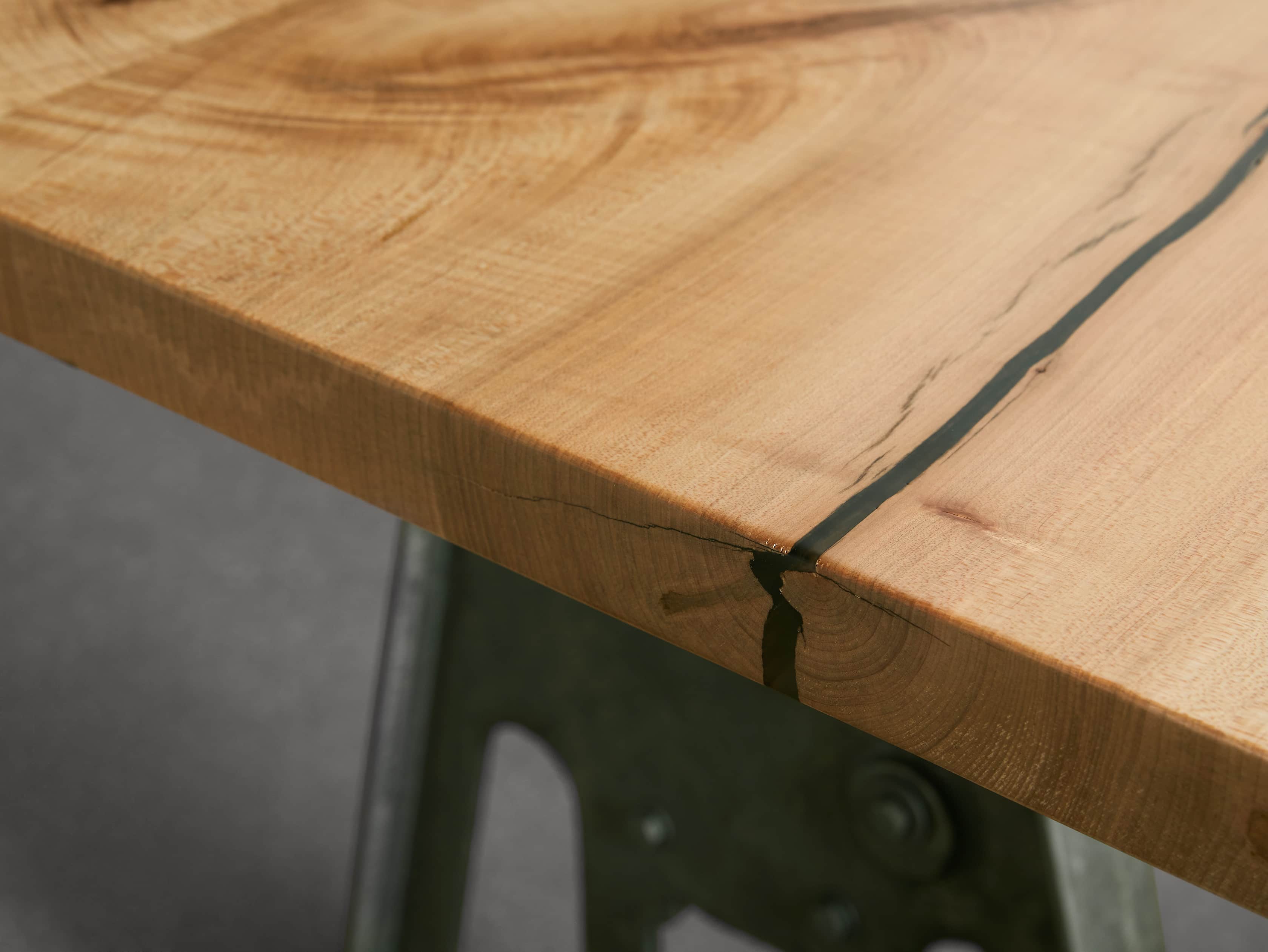 Industrial Crank Desk with Ambrosia Maple Live Edge Wood Top and Large Black and Copper Base, slide 10 of 11