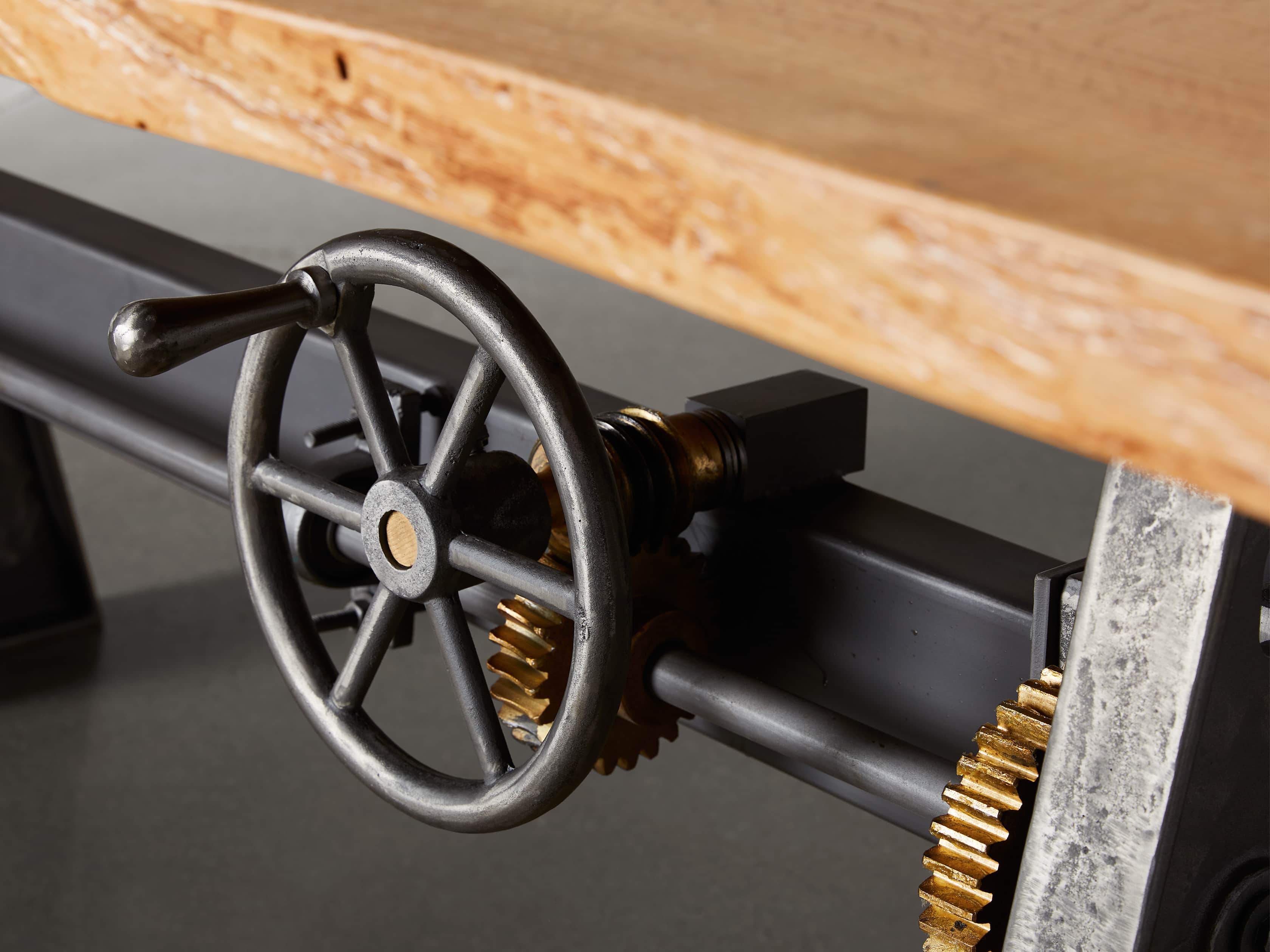 Industrial Crank Desk with Ambrosia Maple Live Edge Wood Top and Large Black and Copper Base, slide 6 of 10