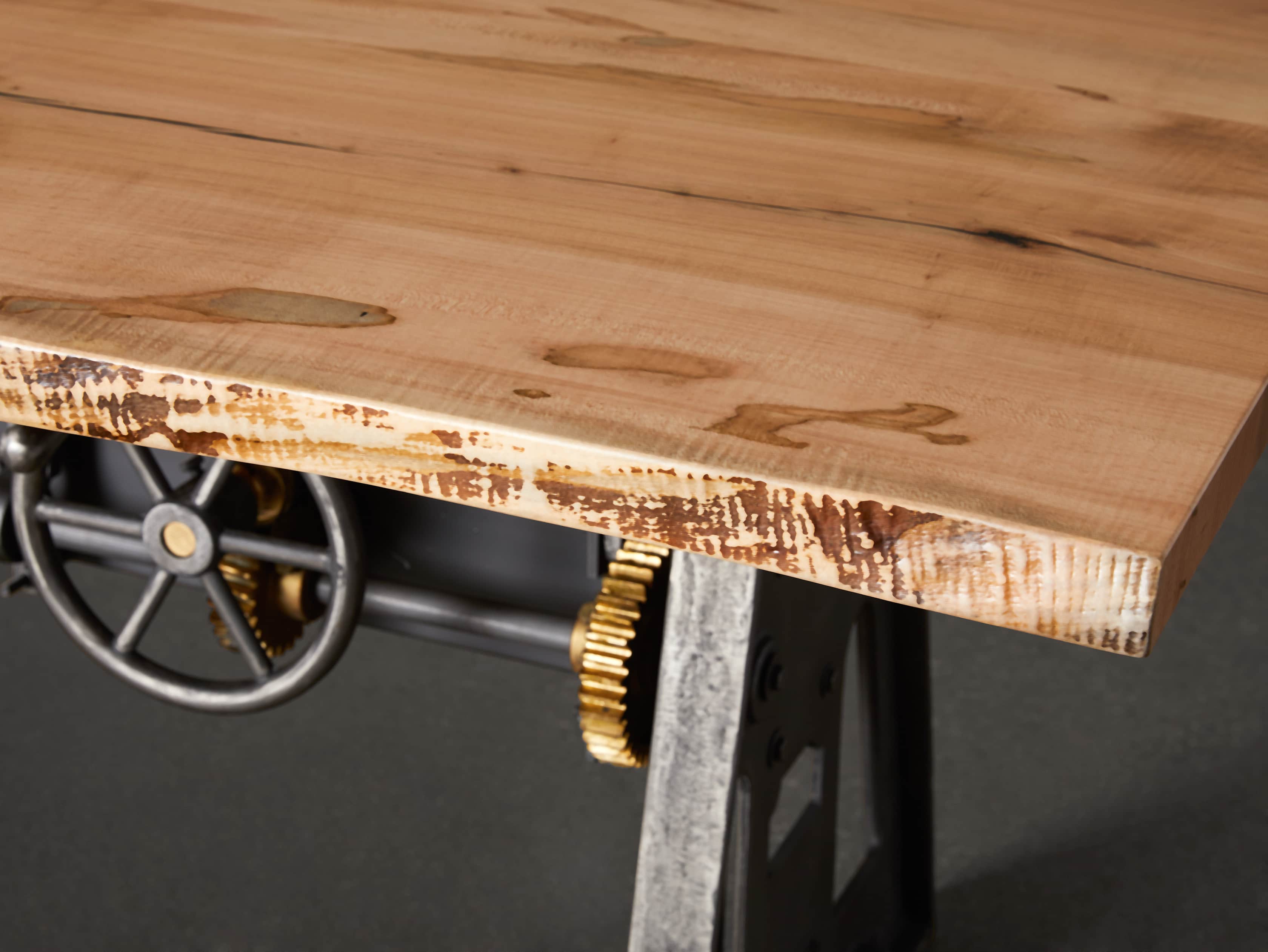 Industrial Crank Desk with Ambrosia Maple Live Edge Wood Top and Large Black and Copper Base, slide 7 of 10