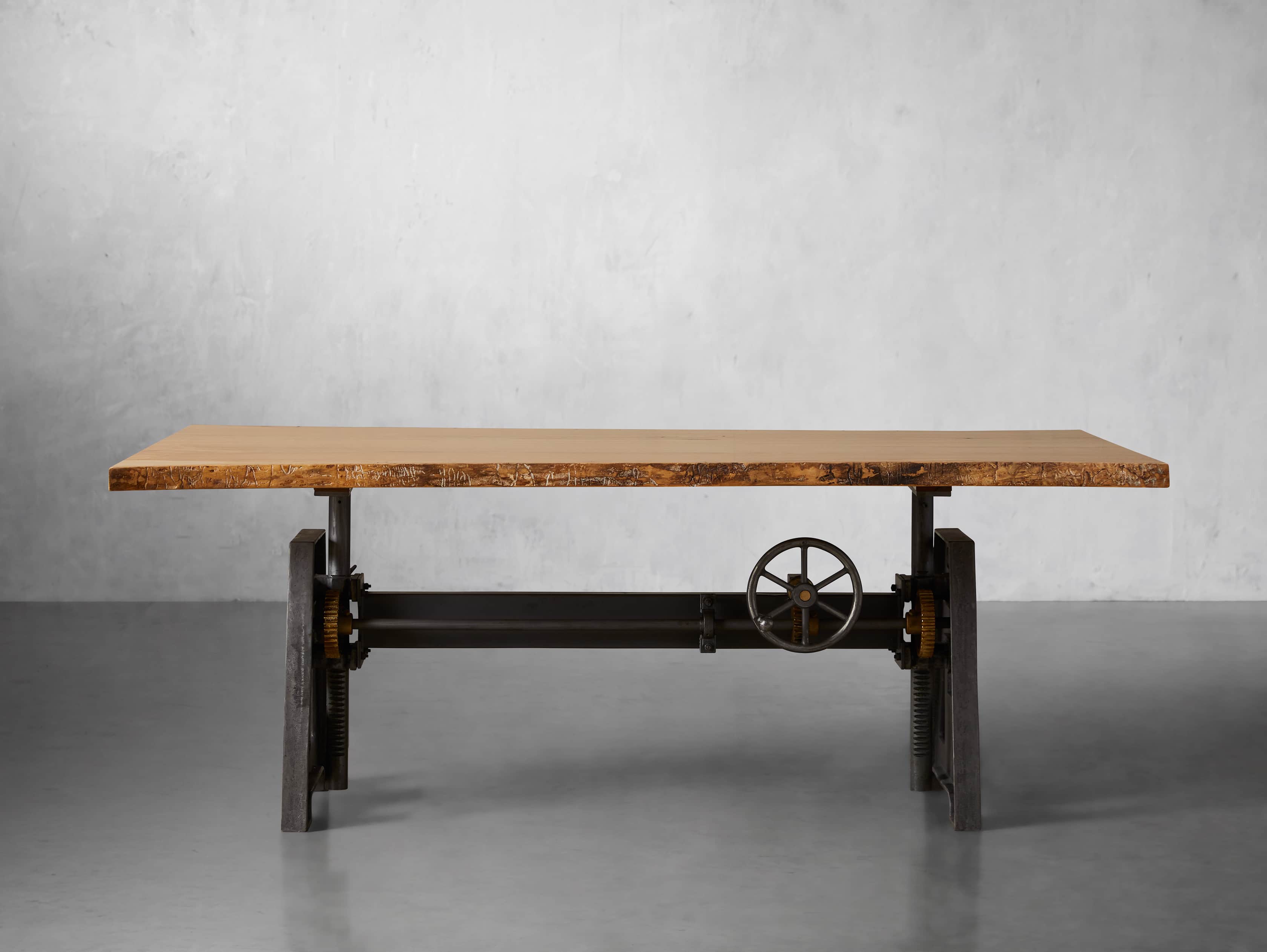 Industrial Crank Desk with Curly Ash Live Edge Wood Top and Small Iron Base, slide 1 of 12