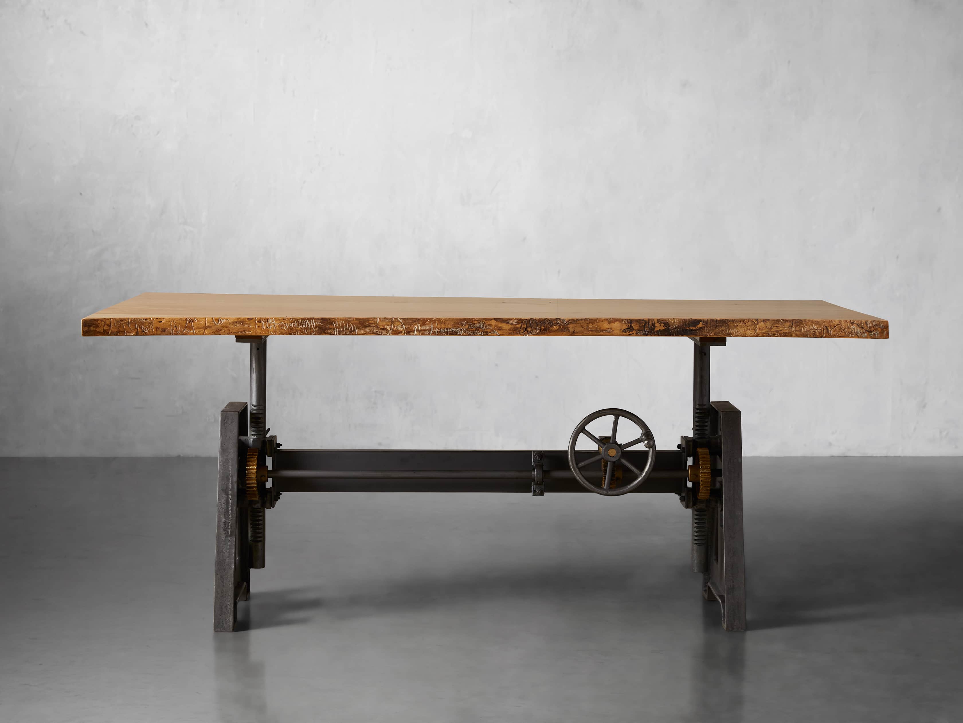 Industrial Crank Desk with Curly Ash Live Edge Wood Top and Small Iron Base, slide 2 of 12