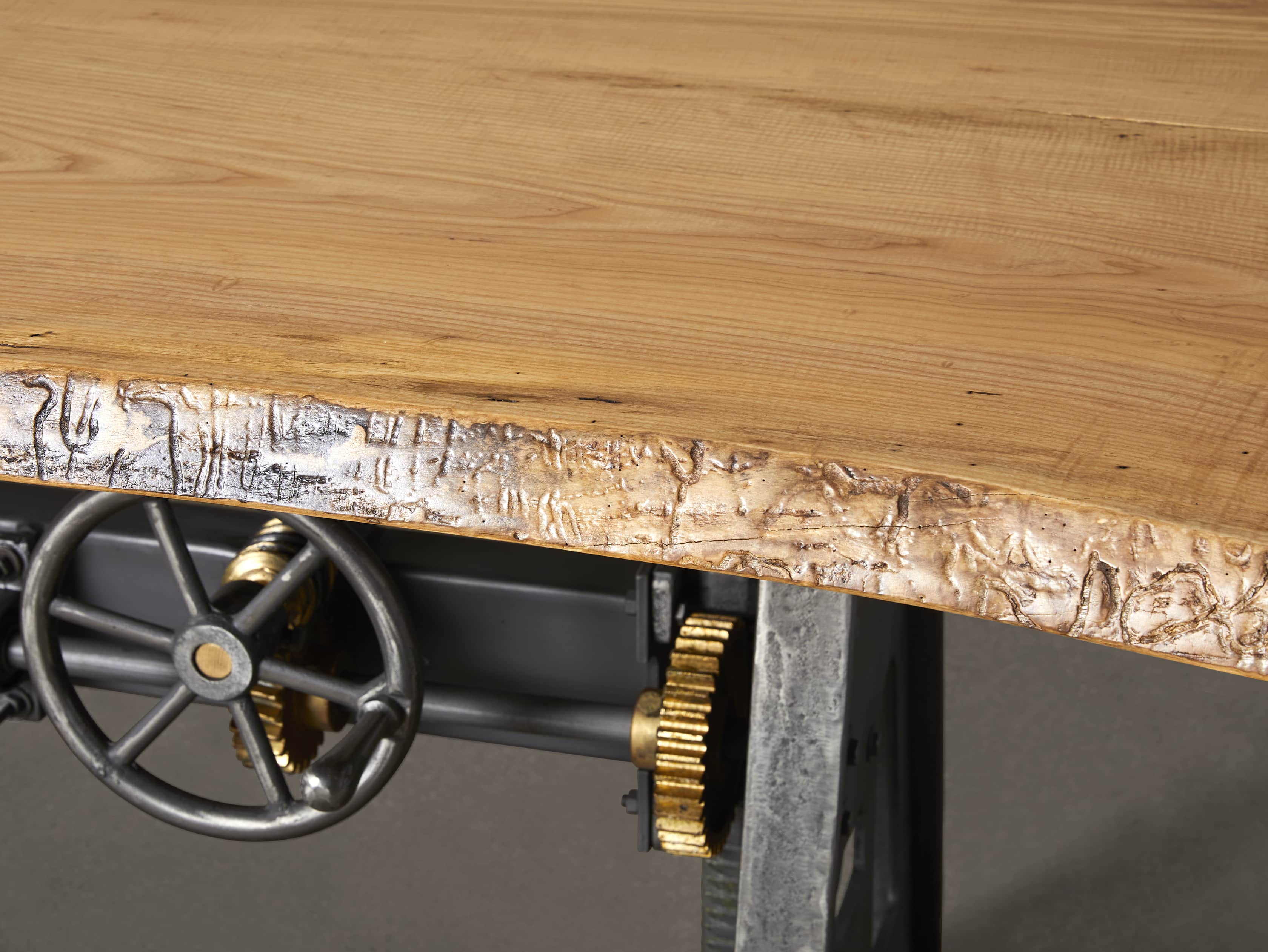 Industrial Crank Desk with Curly Ash Live Edge Wood Top and Small Iron Base, slide 11 of 12