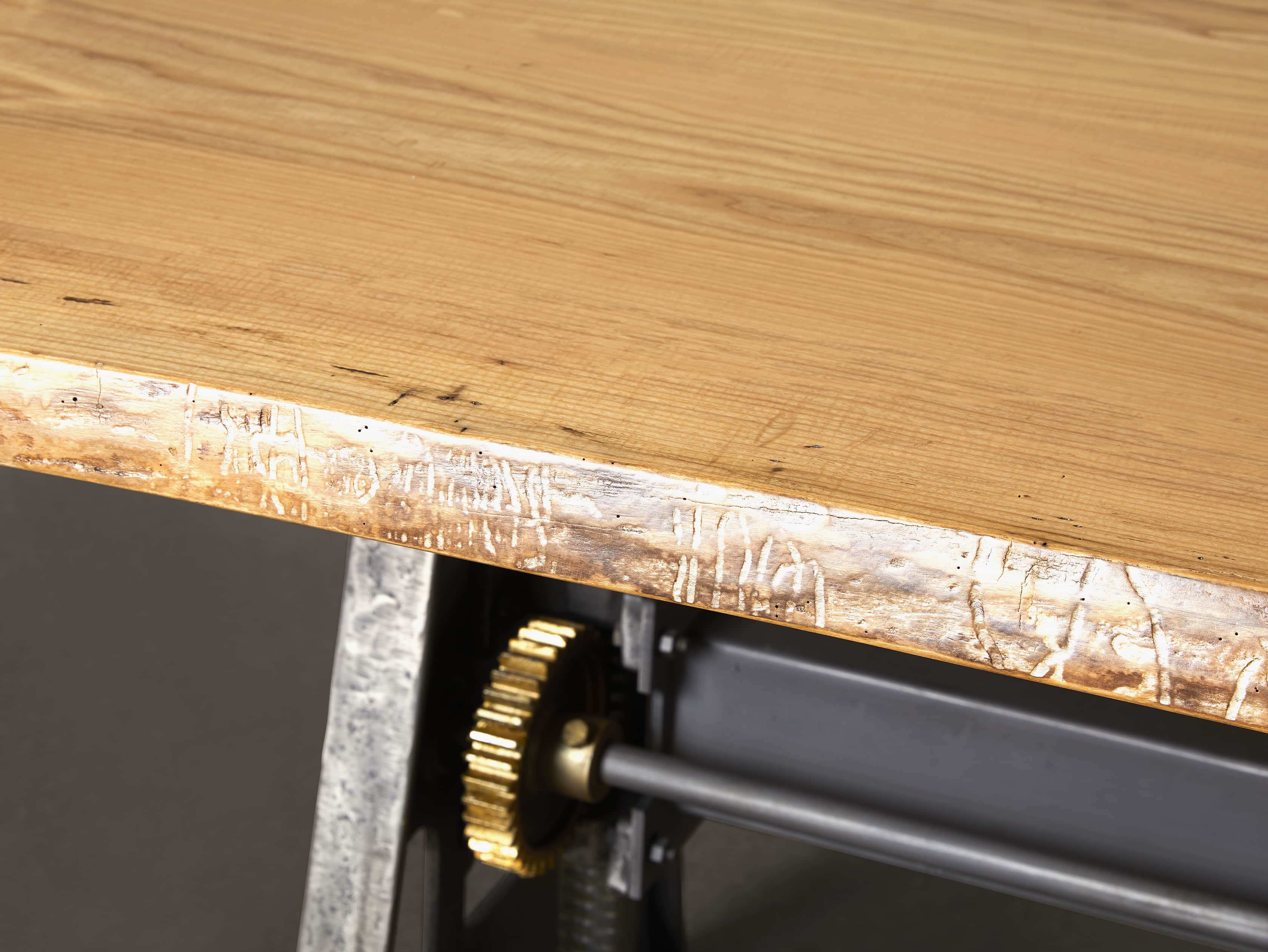Industrial Crank Desk with Curly Ash Live Edge Wood Top and Small Iron Base, slide 6 of 12