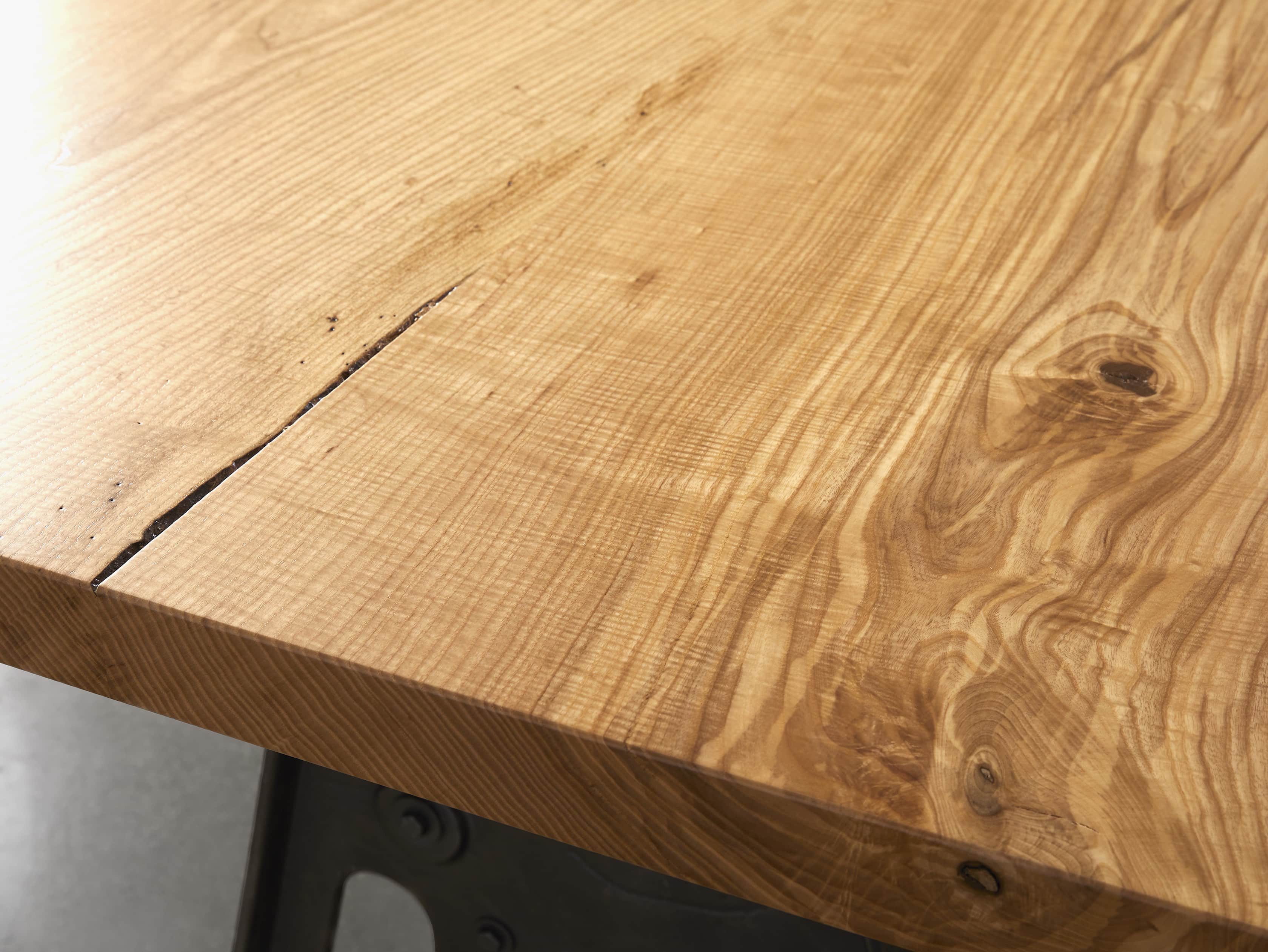 Industrial Crank Desk with Curly Ash Live Edge Wood Top and Small Iron Base, slide 9 of 12