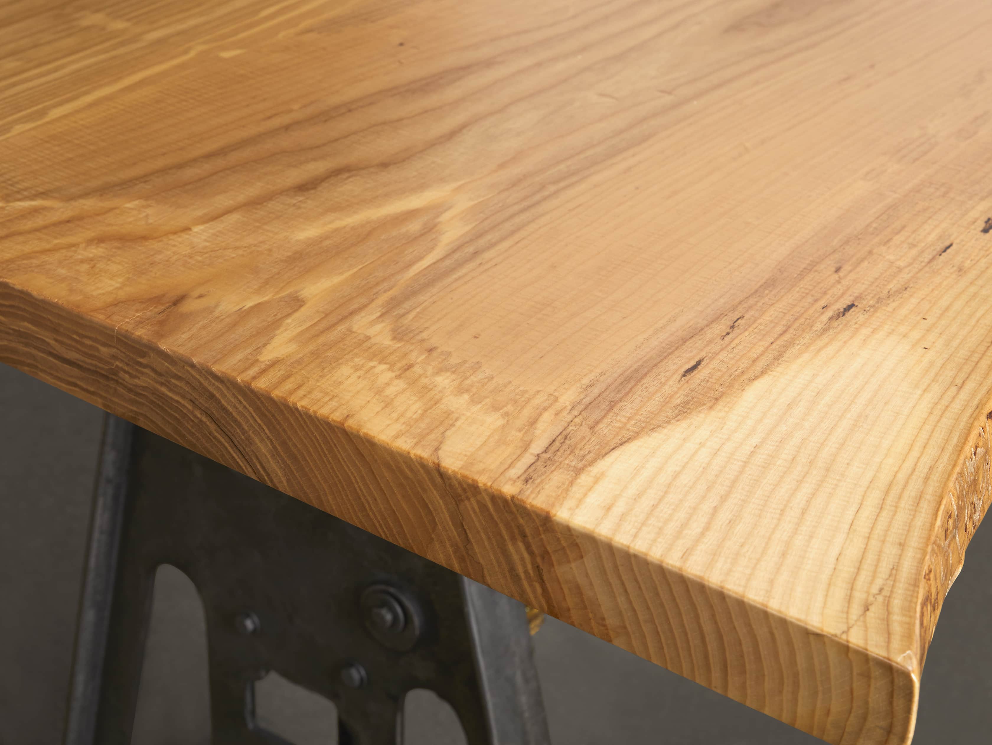 Industrial Crank Desk with Curly Ash Live Edge Wood Top and Small Iron Base, slide 7 of 12