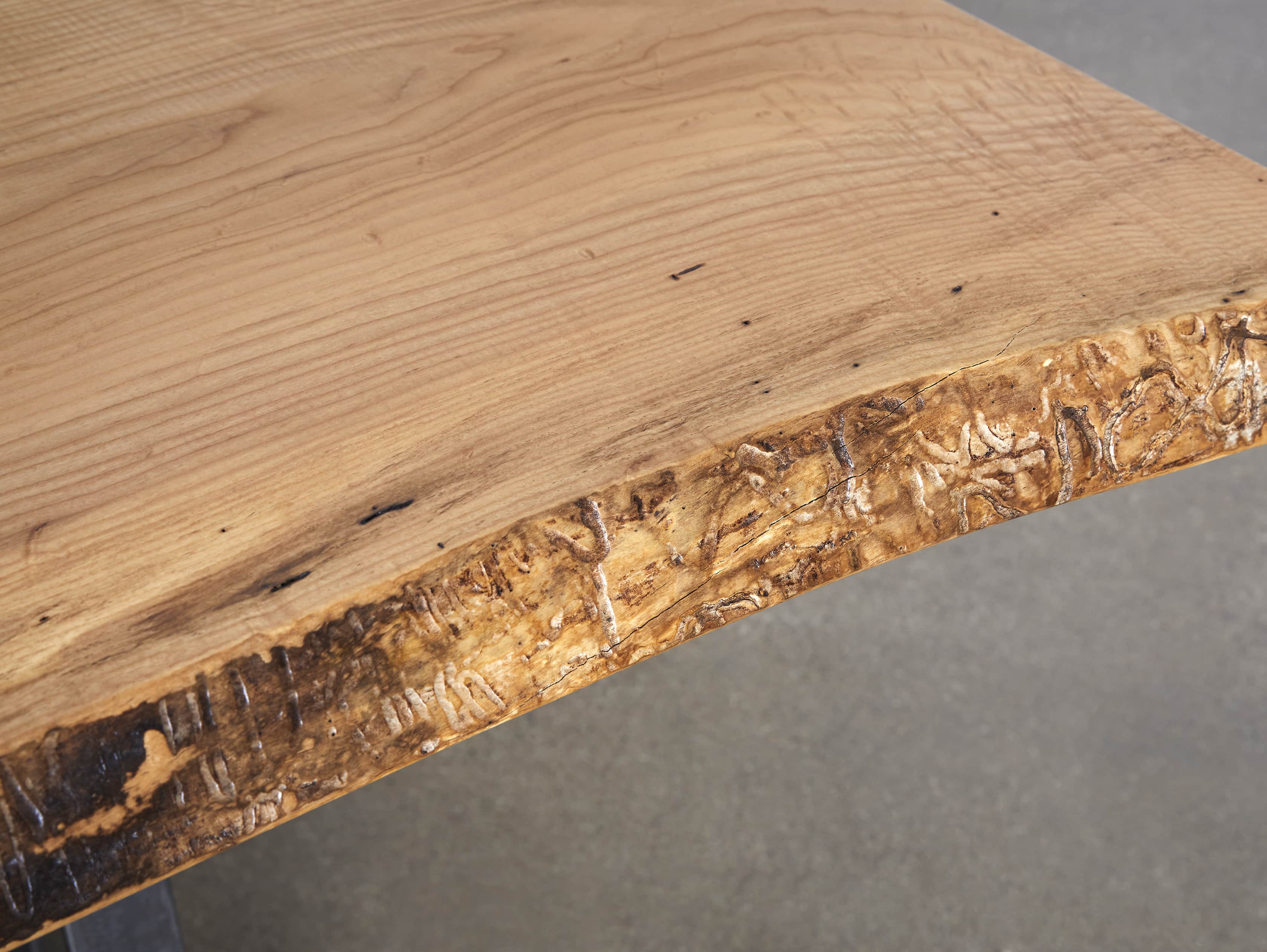 Industrial Crank Desk with Curly Ash Live Edge Wood Top and Small Iron Base, slide 10 of 12