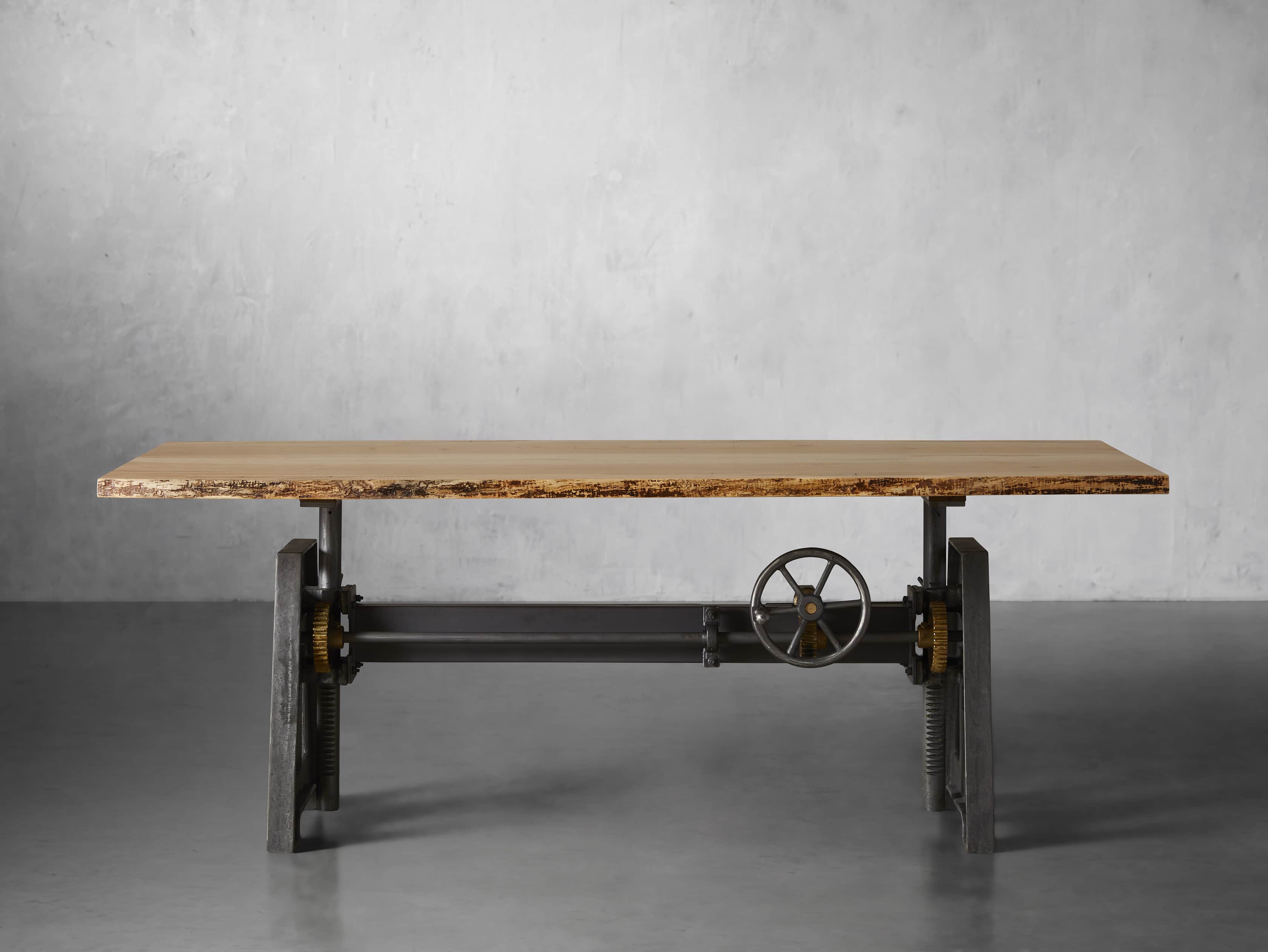 Industrial Crank Desk with Curly Maple Live Edge Wood Top and Large Black and Copper Base, slide 1 of 10
