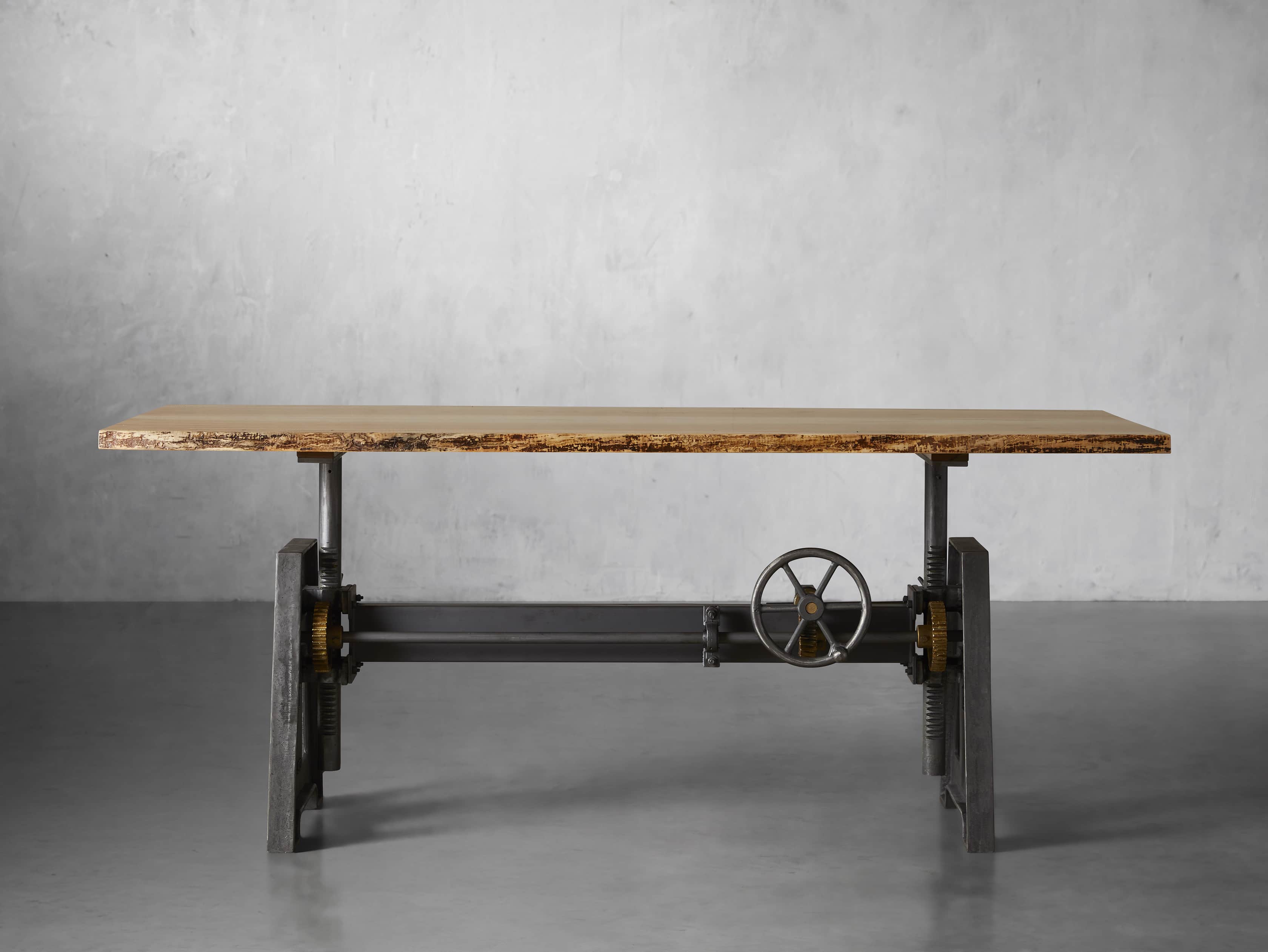 Industrial Crank Desk with Curly Maple Live Edge Wood Top and Large Black and Copper Base, slide 2 of 10