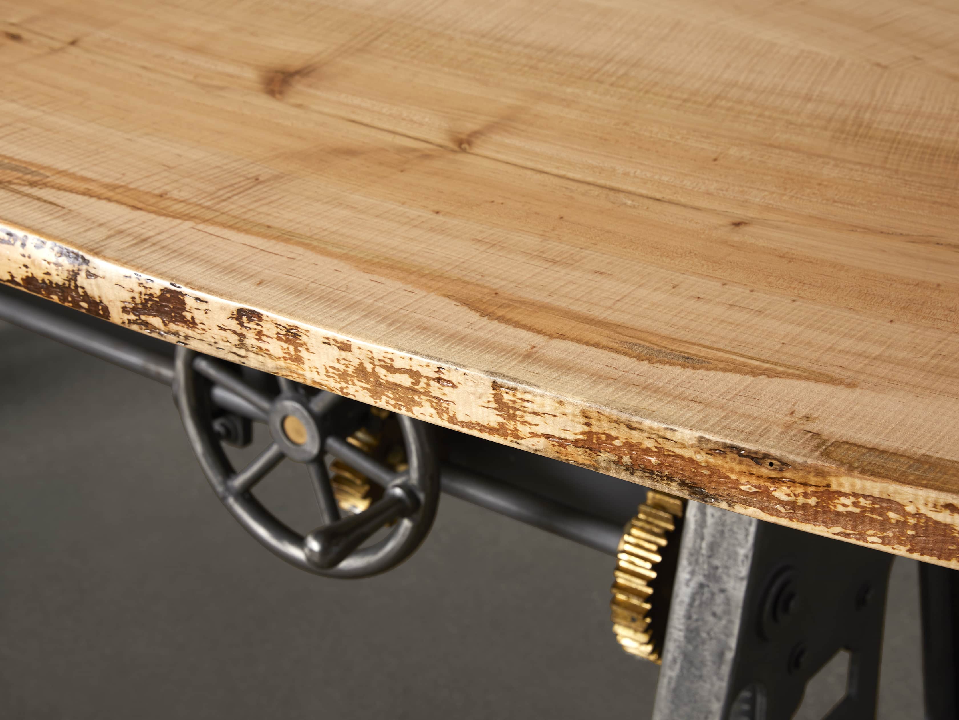 Industrial Crank Desk with Curly Maple Live Edge Wood Top and Large Black and Copper Base, slide 8 of 10