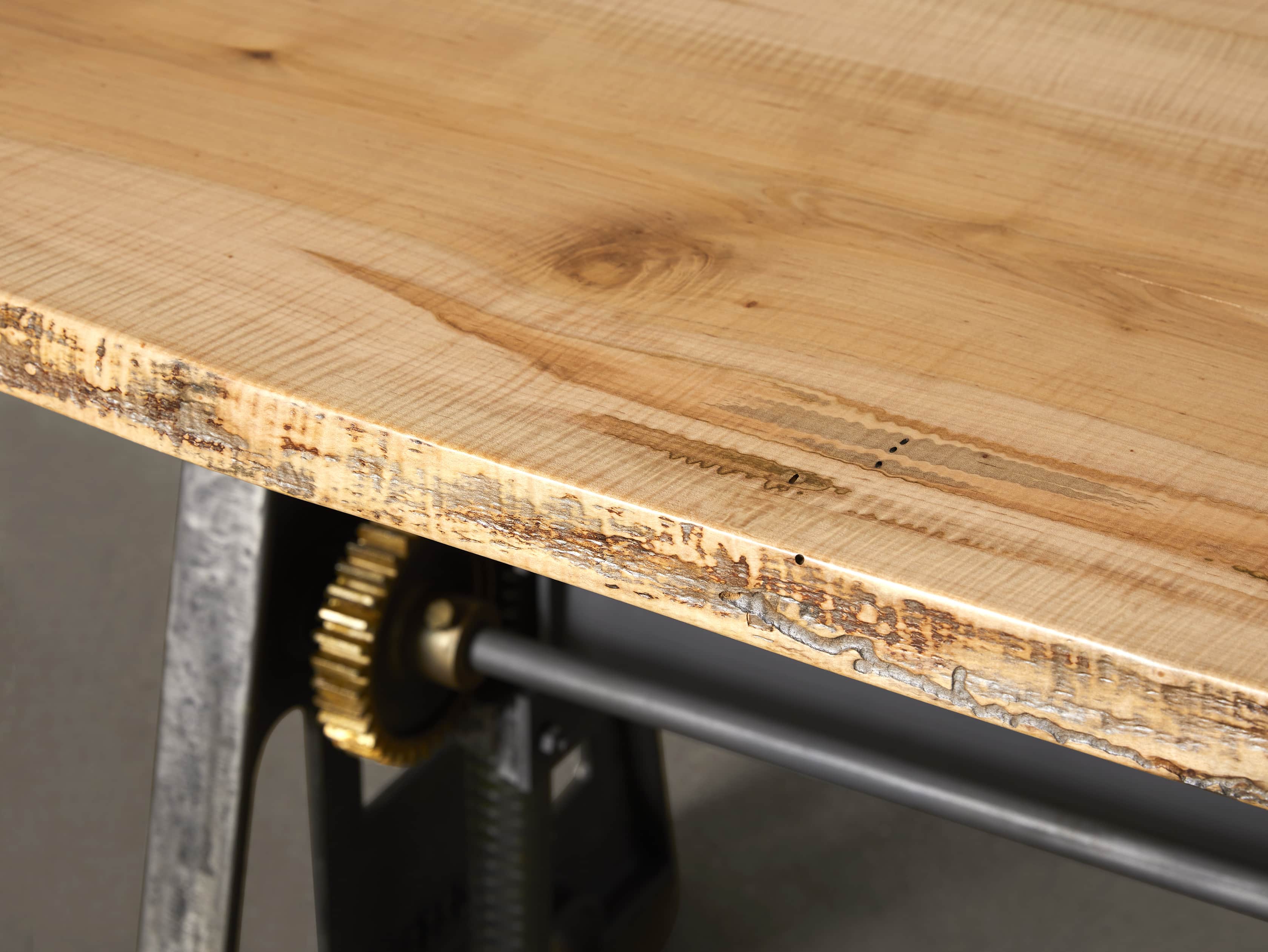 Industrial Crank Desk with Curly Maple Live Edge Wood Top and Large Black and Copper Base, slide 10 of 10