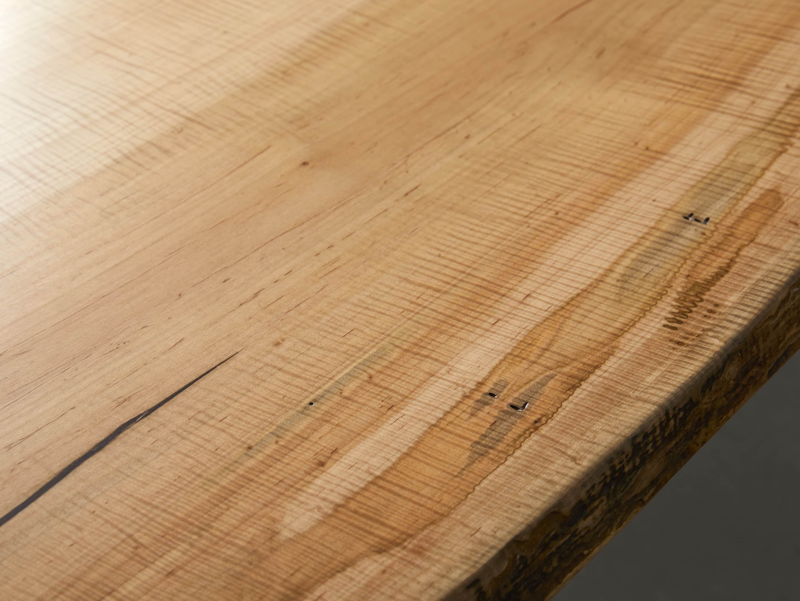 Industrial Crank Desk with Curly Maple Live Edge Wood Top and Large Black and Copper Base, slide 9 of 10