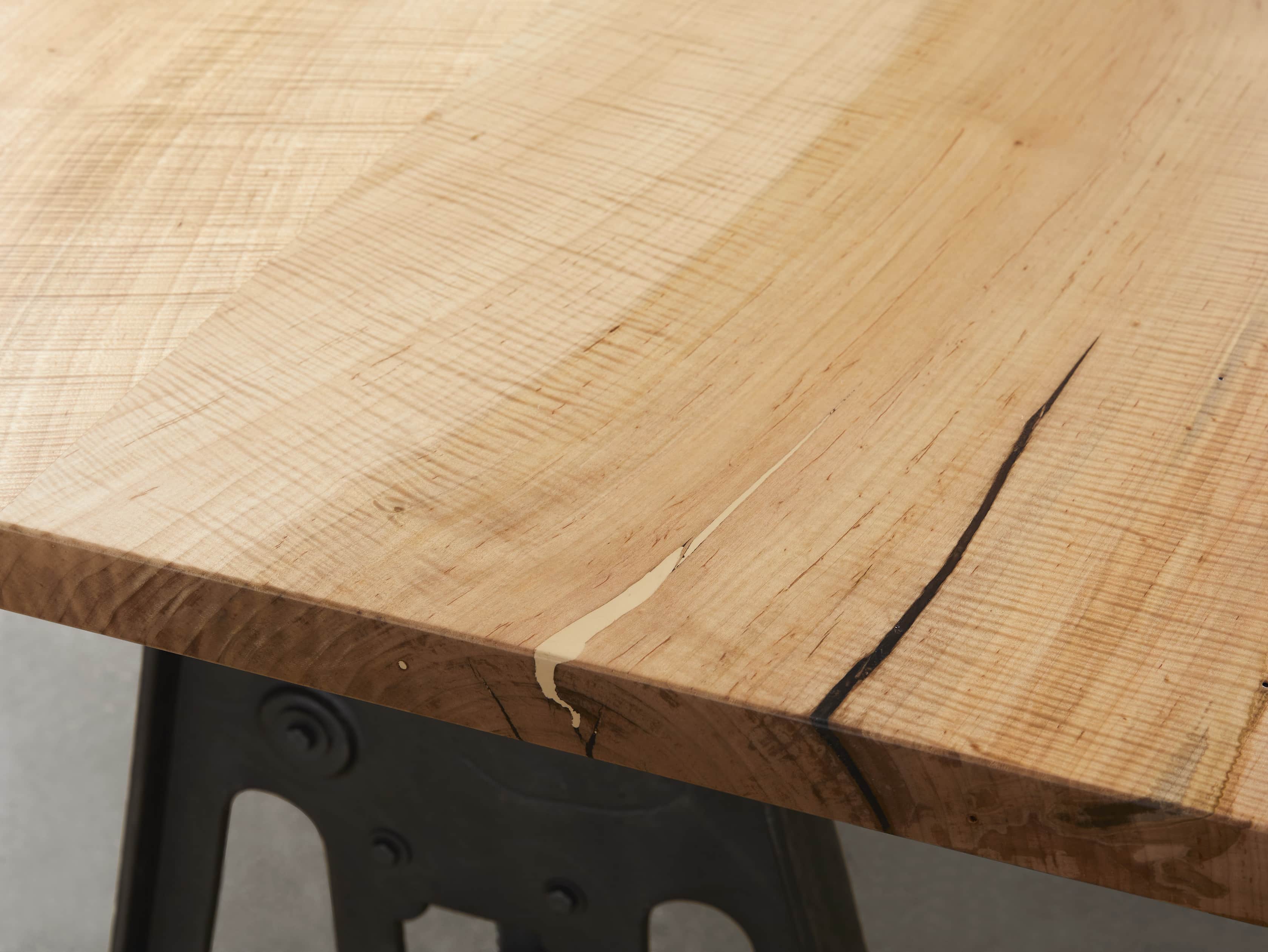 Industrial Crank Desk with Curly Maple Live Edge Wood Top and Large Black and Copper Base, slide 6 of 10