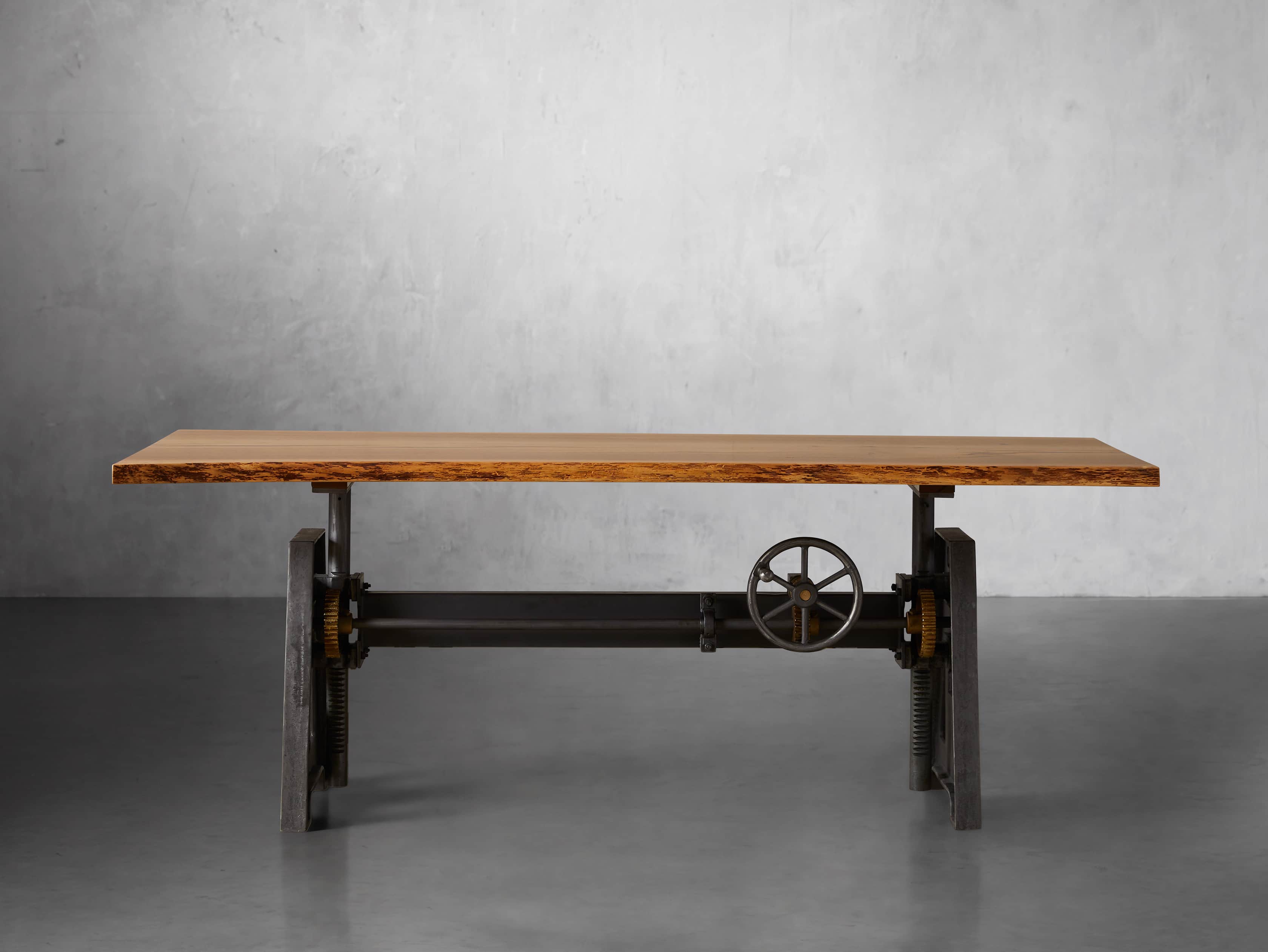 Industrial Crank Desk with Walnut Live Edge Wood Top and Small Iron Base, slide 1 of 11