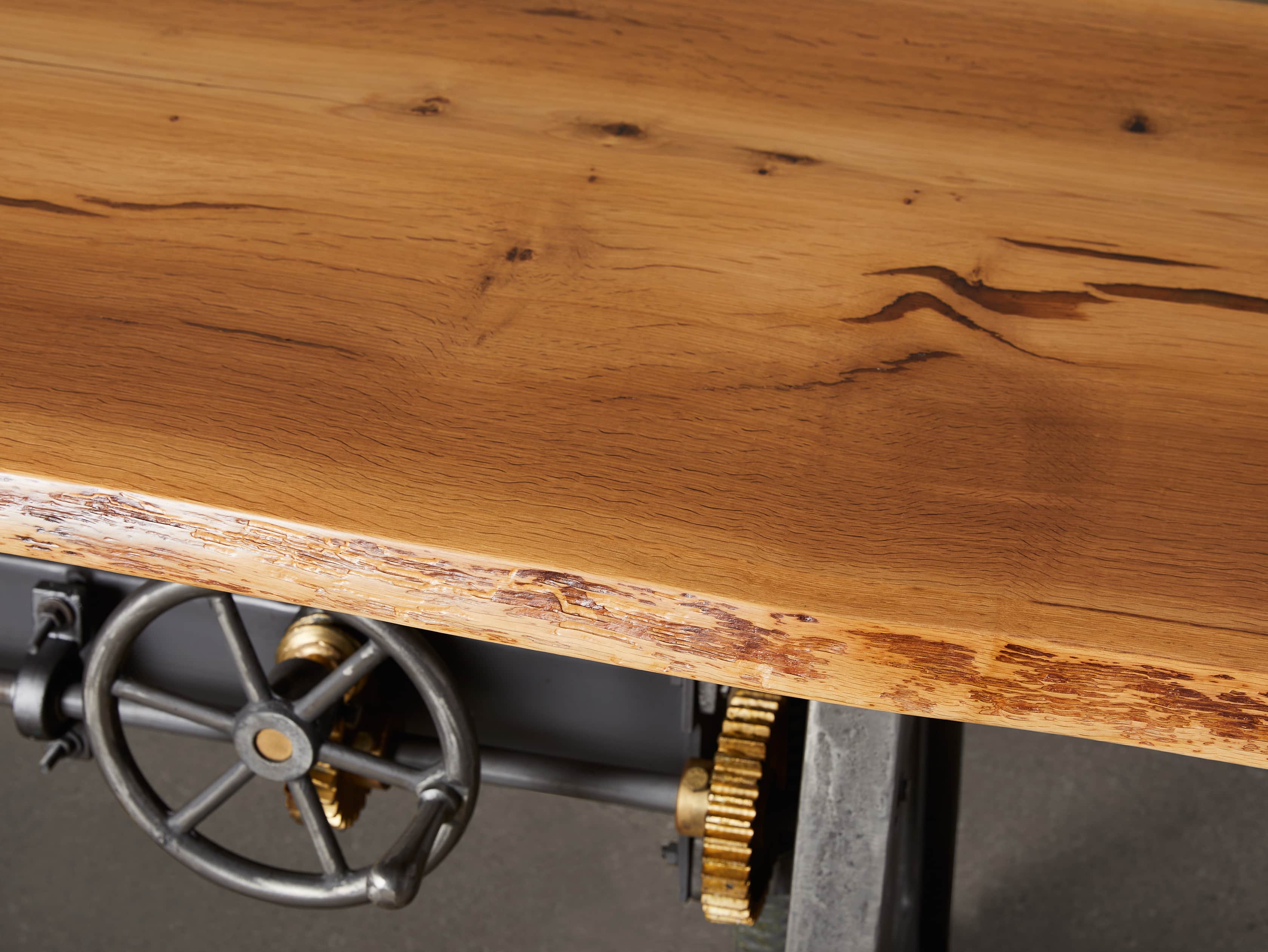 Industrial Crank Desk with Walnut Live Edge Wood Top and Small Iron Base, slide 5 of 11