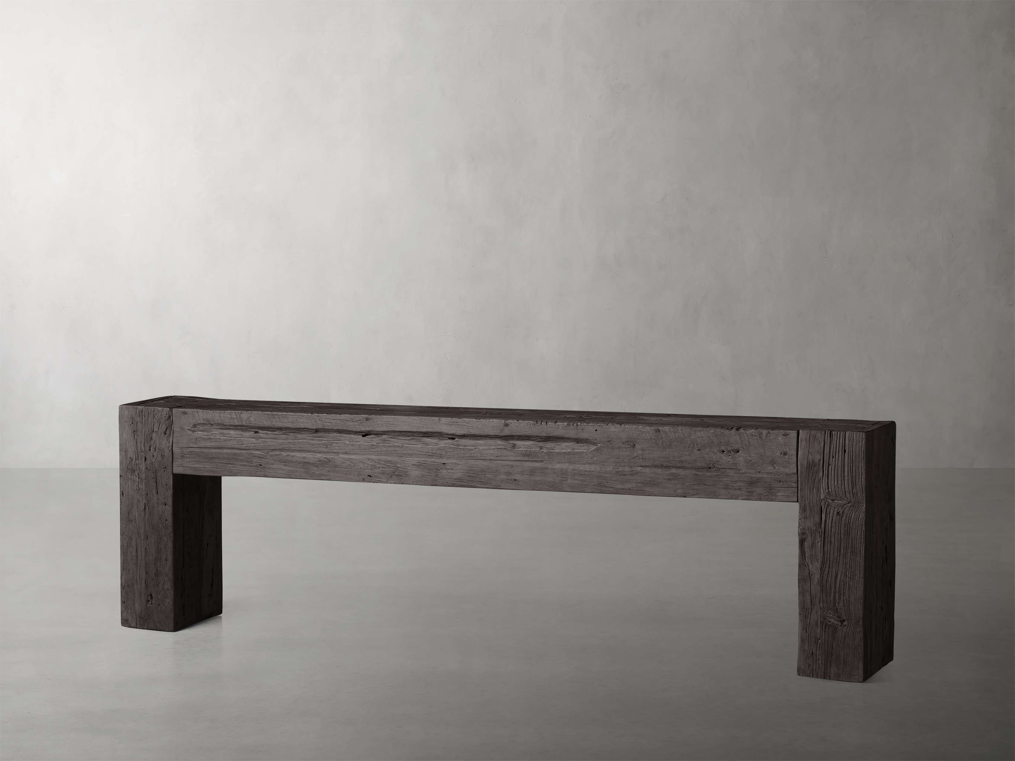 The Ubud Console in Wood, 96 inches, gray color, made from reclaimed teak wood, featuring a rectangular shape and sturdy base.