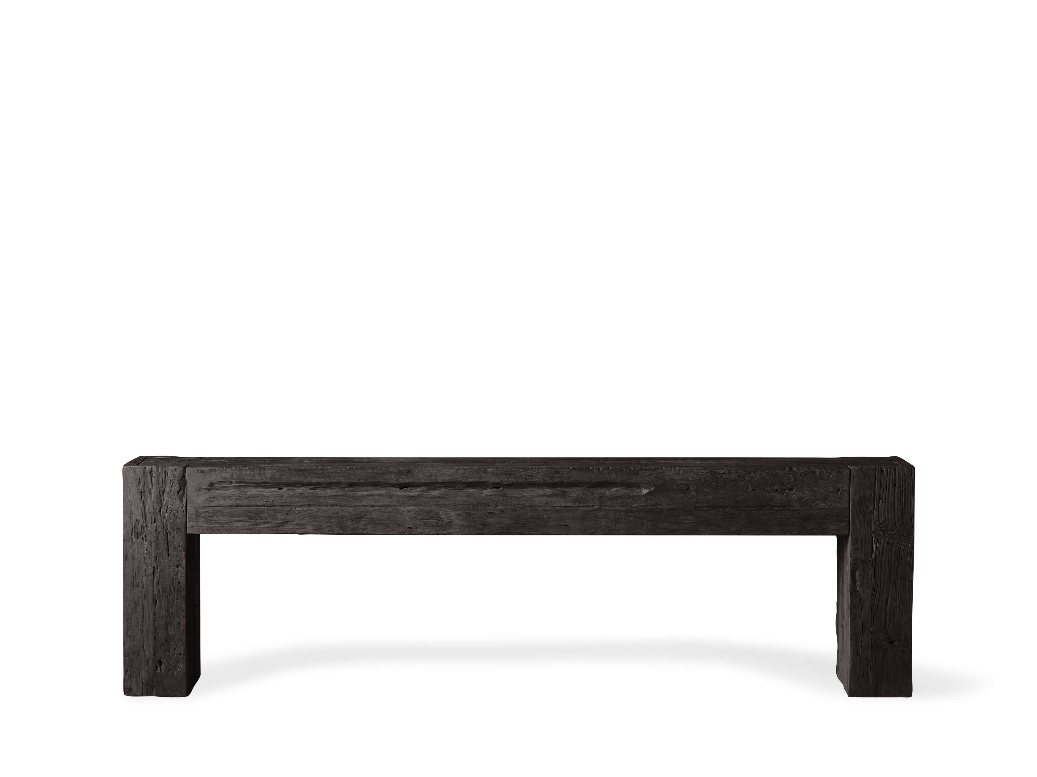 The Ubud Console, a 96-inch rectangular table made from reclaimed teak wood, showcasing a rustic gray finish and solid craftsmanship.
