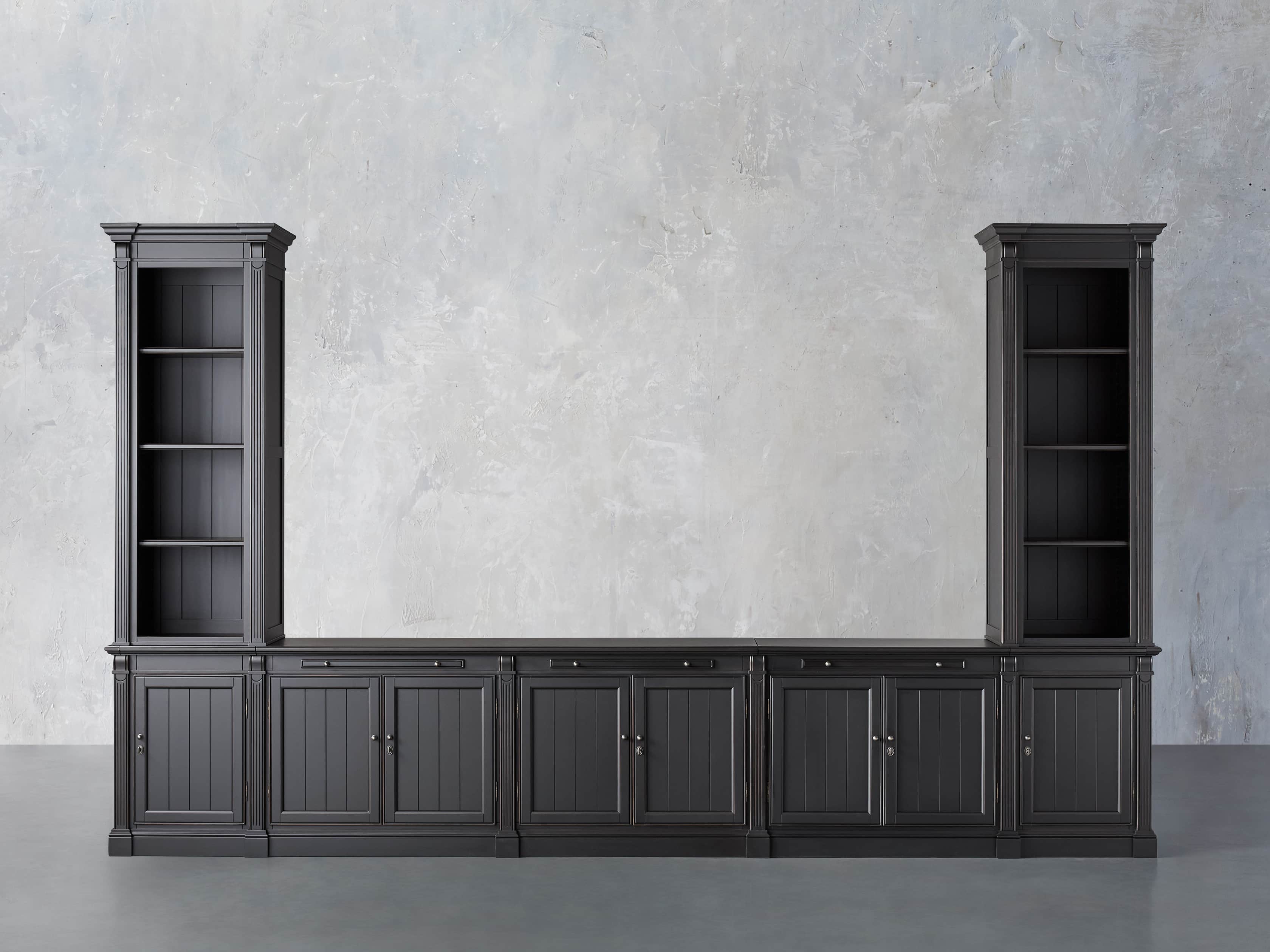 View the Athens Modular Large Media Console with Double Narrow Bookcases | Variant: Tuxedo Black