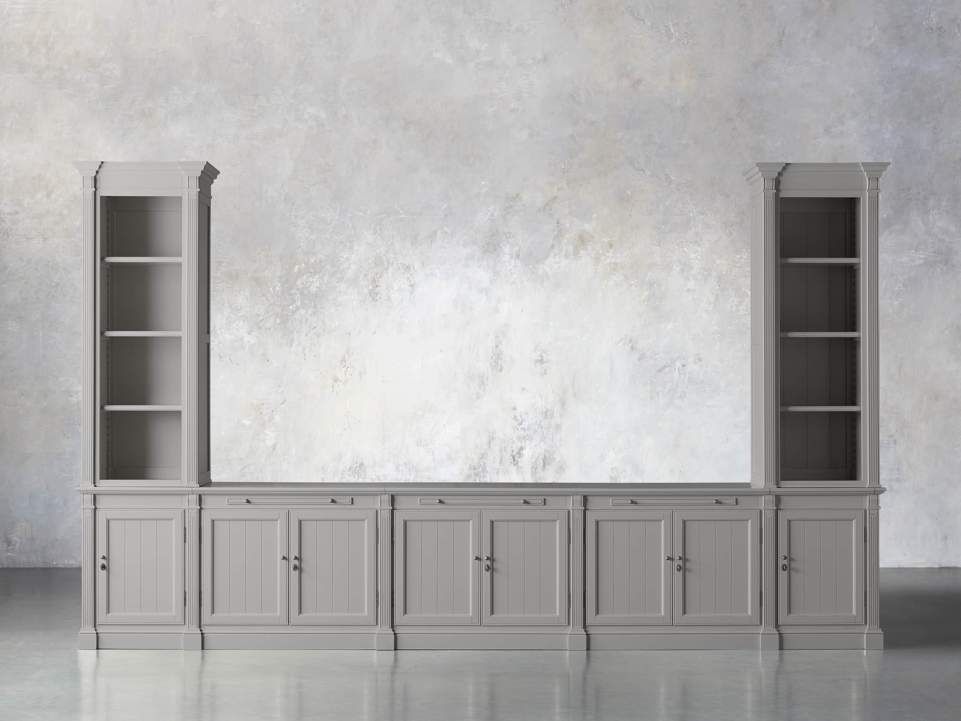 Athens Modular Large Media Console with Double Narrow Bookcases in Stratus, slide 1 of 7
