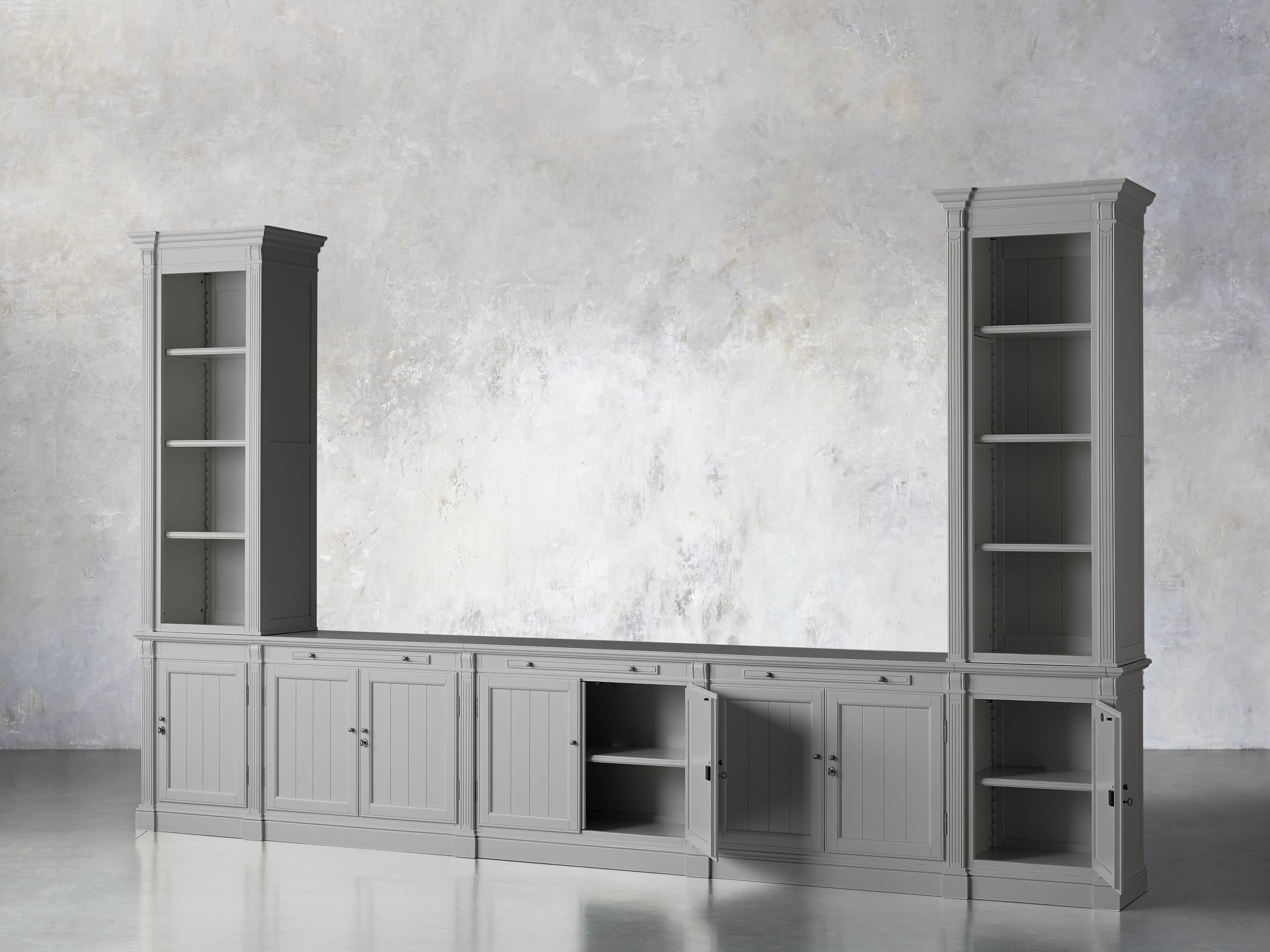 Athens Modular Large Media Console with Double Narrow Bookcases in Stratus, slide 3 of 7