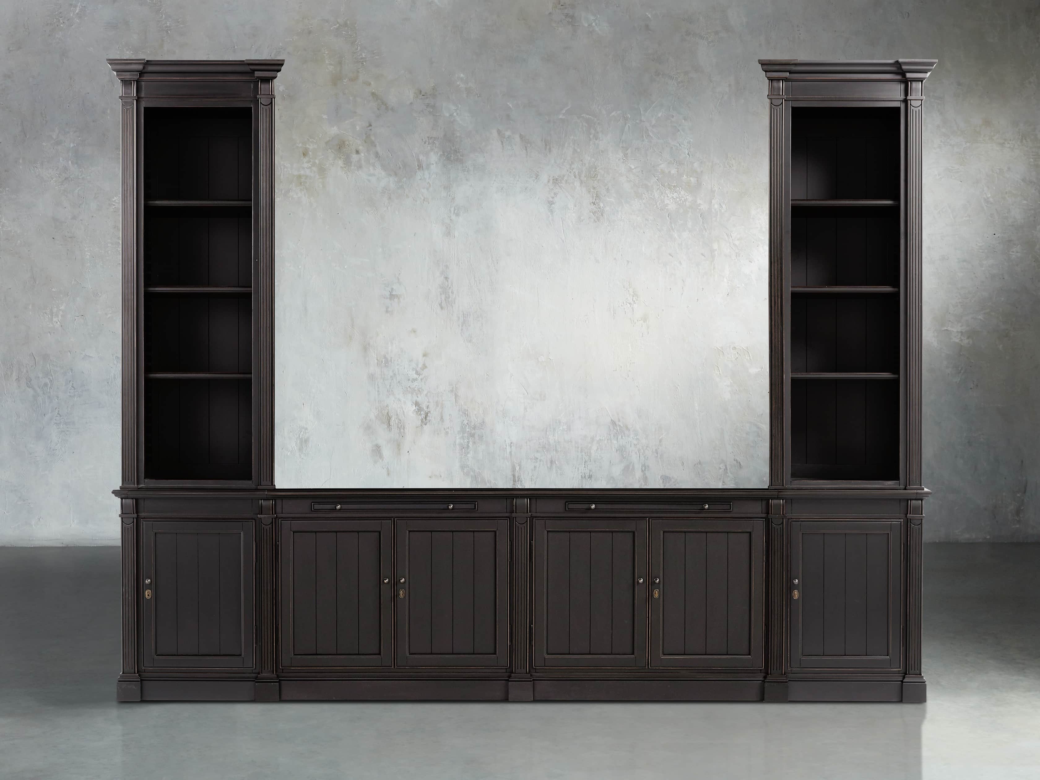 View the Athens Modular Media Console with Double Narrow Bookcases | Variant: Tuxedo Black