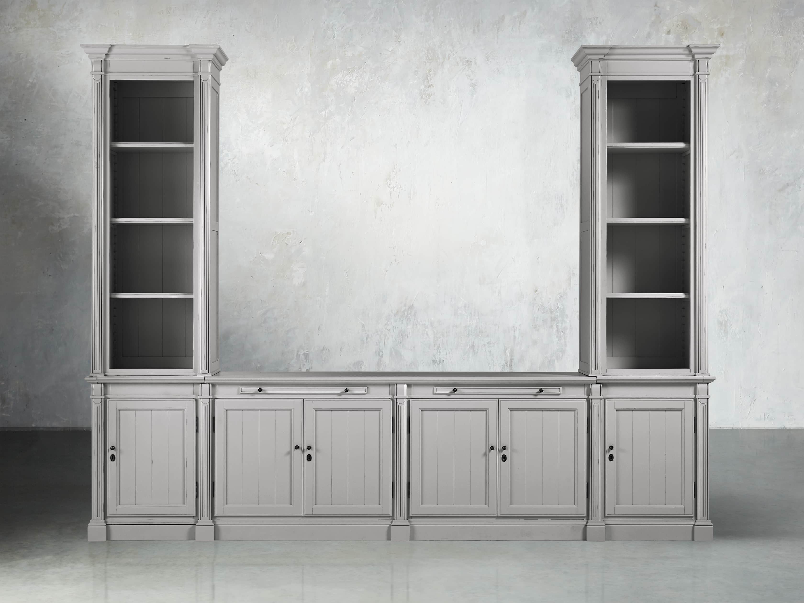 Athens Modular Media Console with Double Narrow Bookcases in Stratus