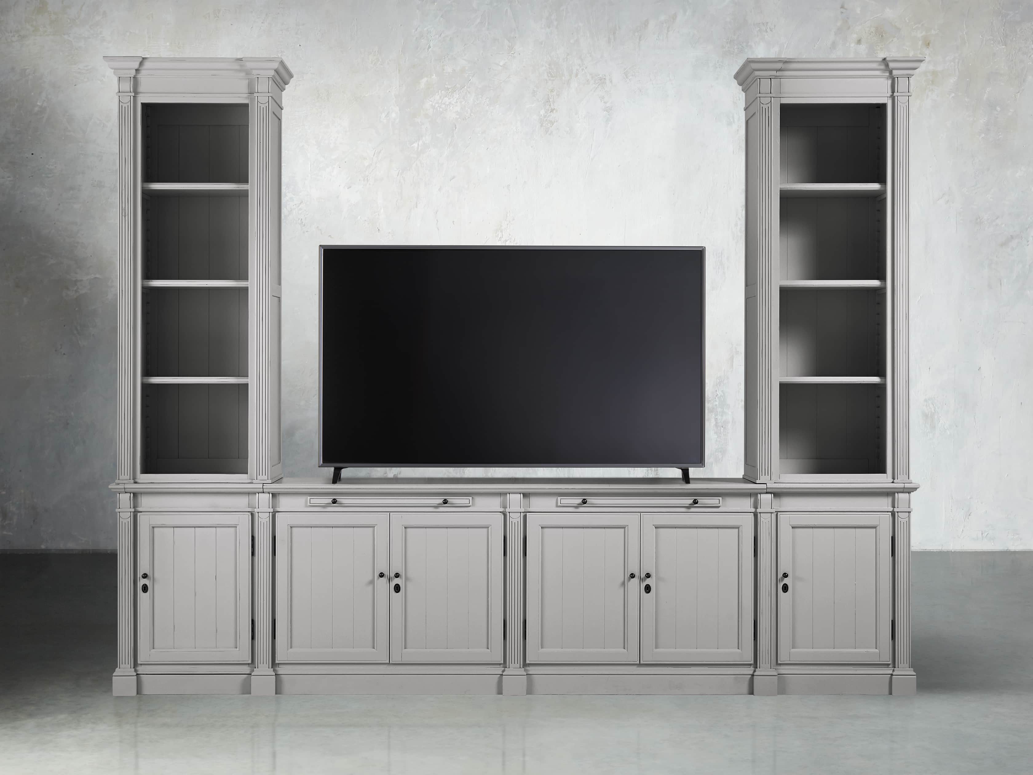 Athens Modular Media Console with Double Narrow Bookcases in Stratus