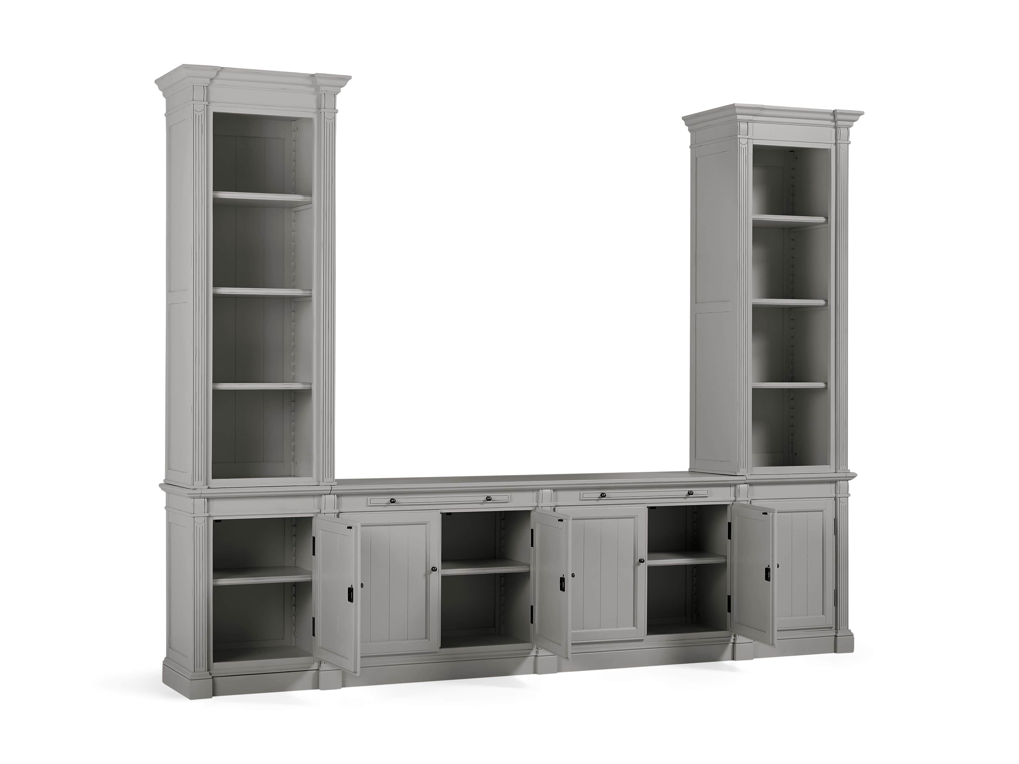 Athens Modular Media Console with Double Narrow Bookcases in Stratus