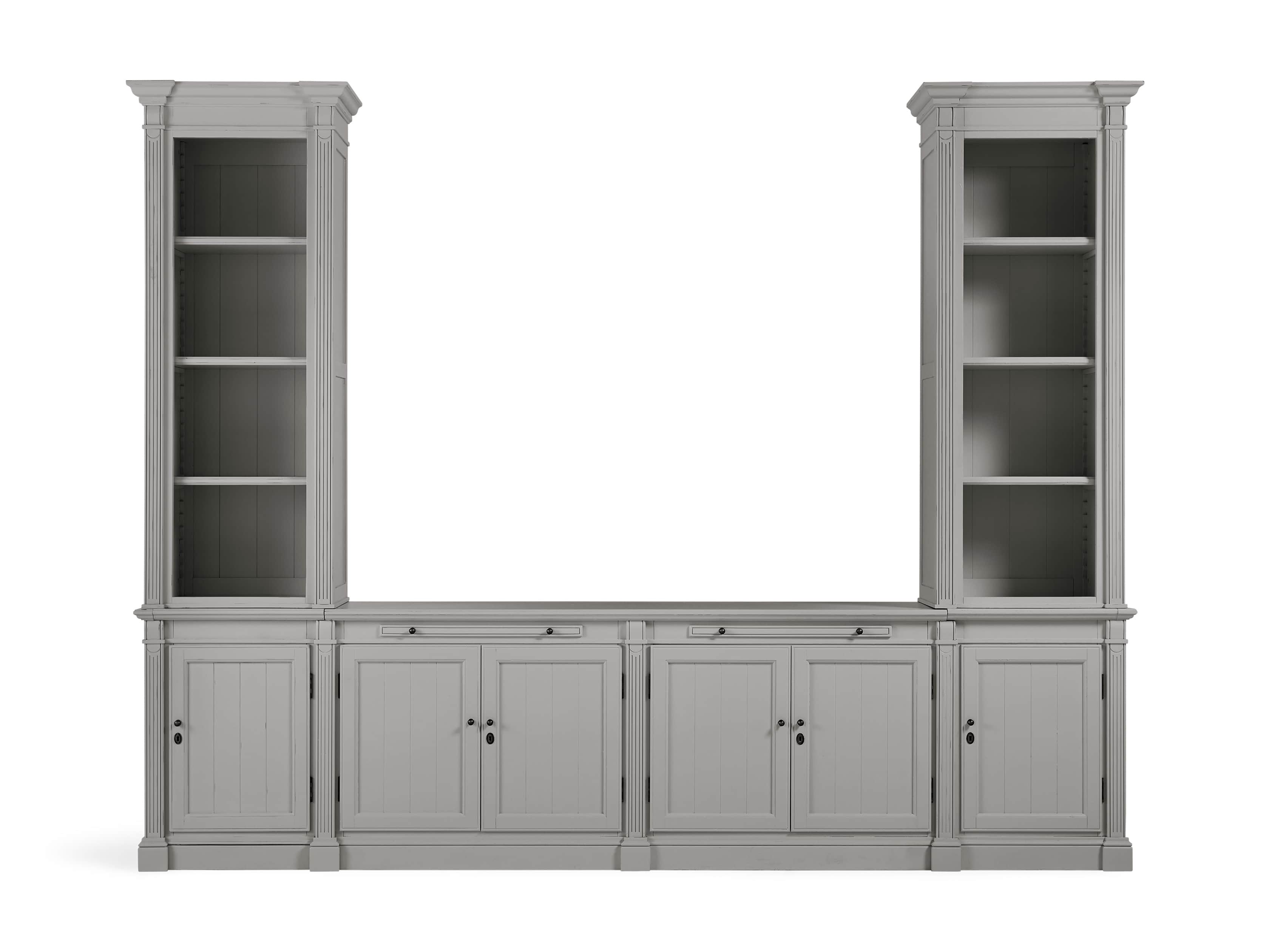 Athens Modular Media Console with Double Narrow Bookcases in Stratus