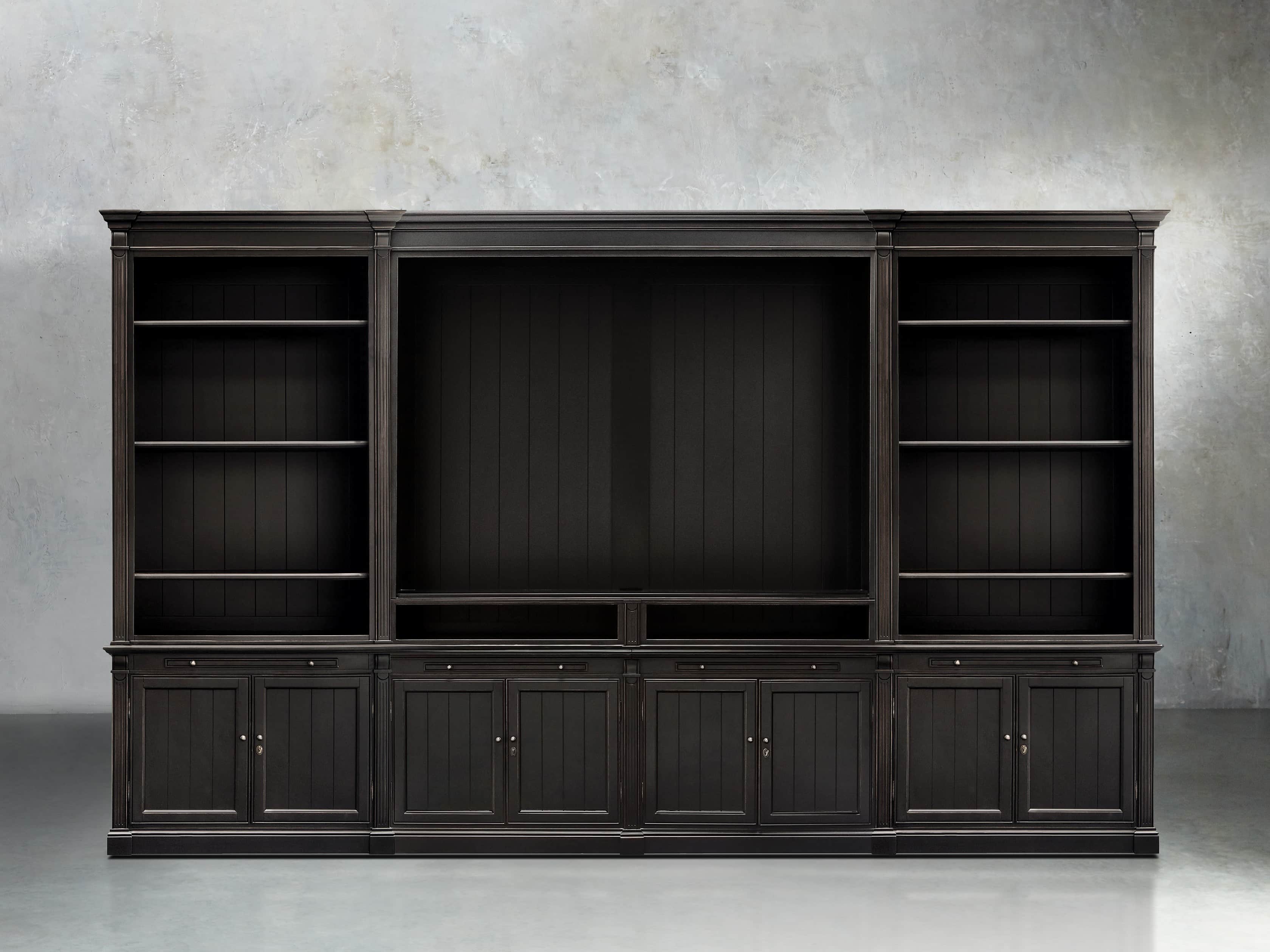Athens Modular Media Cabinet With Double Bookcases in Tuxedo Black