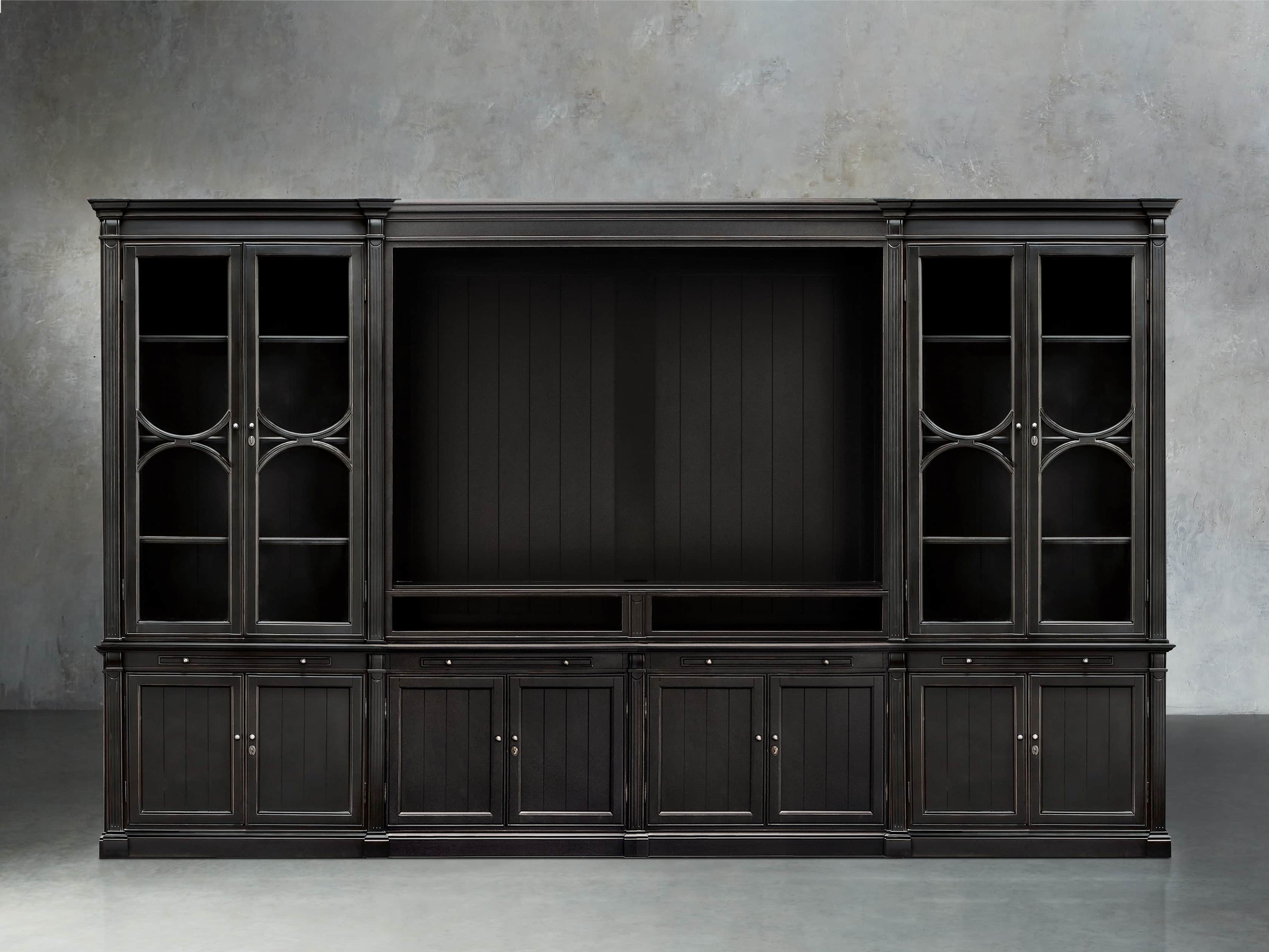 Athens Modular Media Cabinet With Double Display Cabinets in Tuxedo Black, slide 1 of 3
