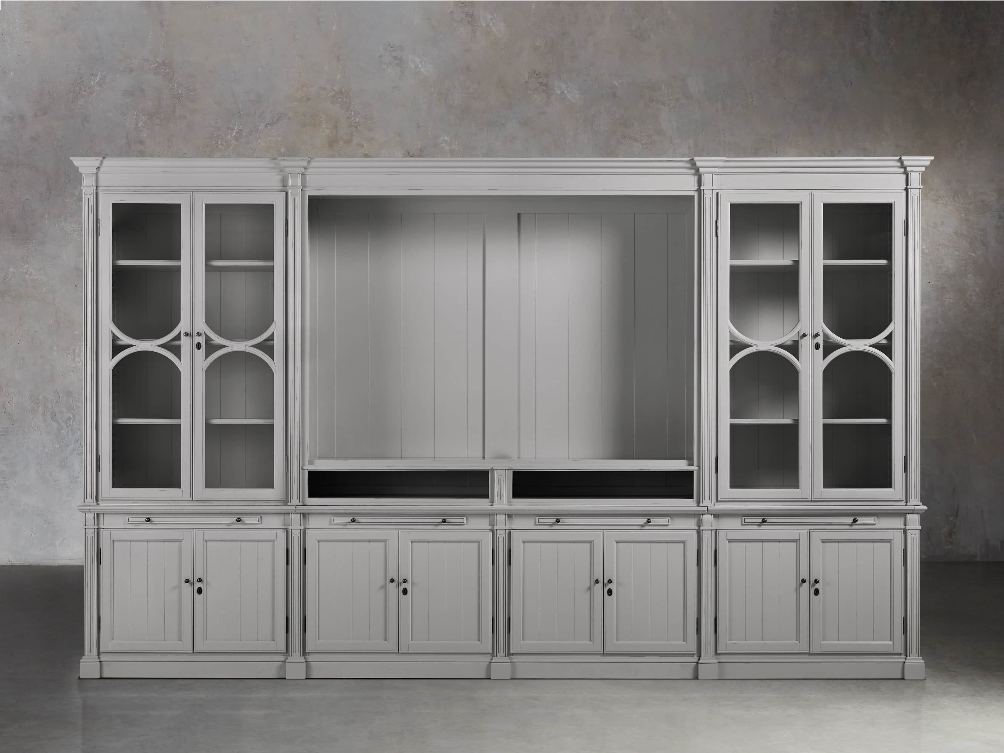 Athens Modular Media Cabinet with Double Display Cabinets in Stratus, slide 1 of 5