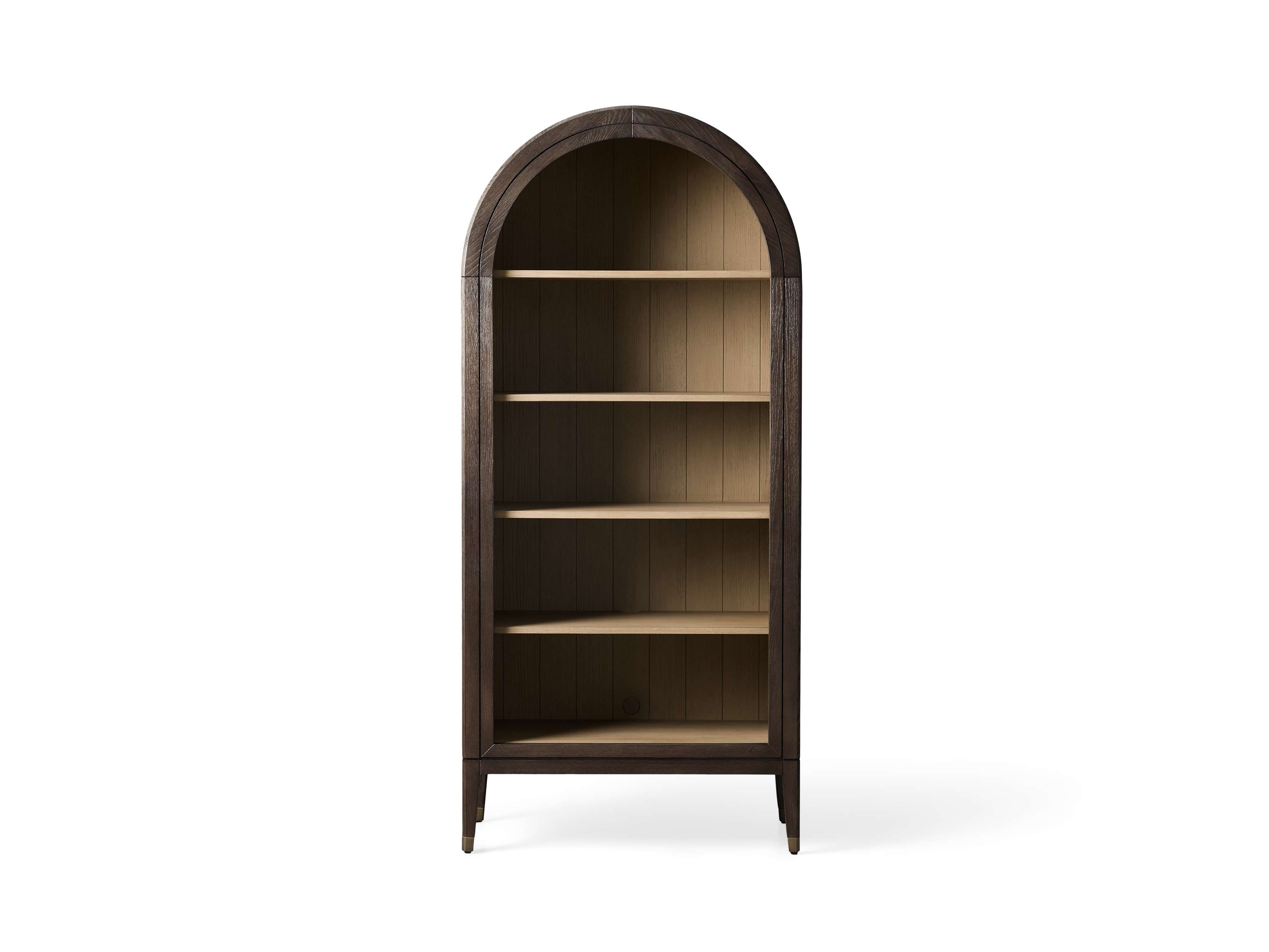 Hattie Open Bookcase in wood with a curved top, brown finish, featuring five shelves and tapered legs with gold embellishments.