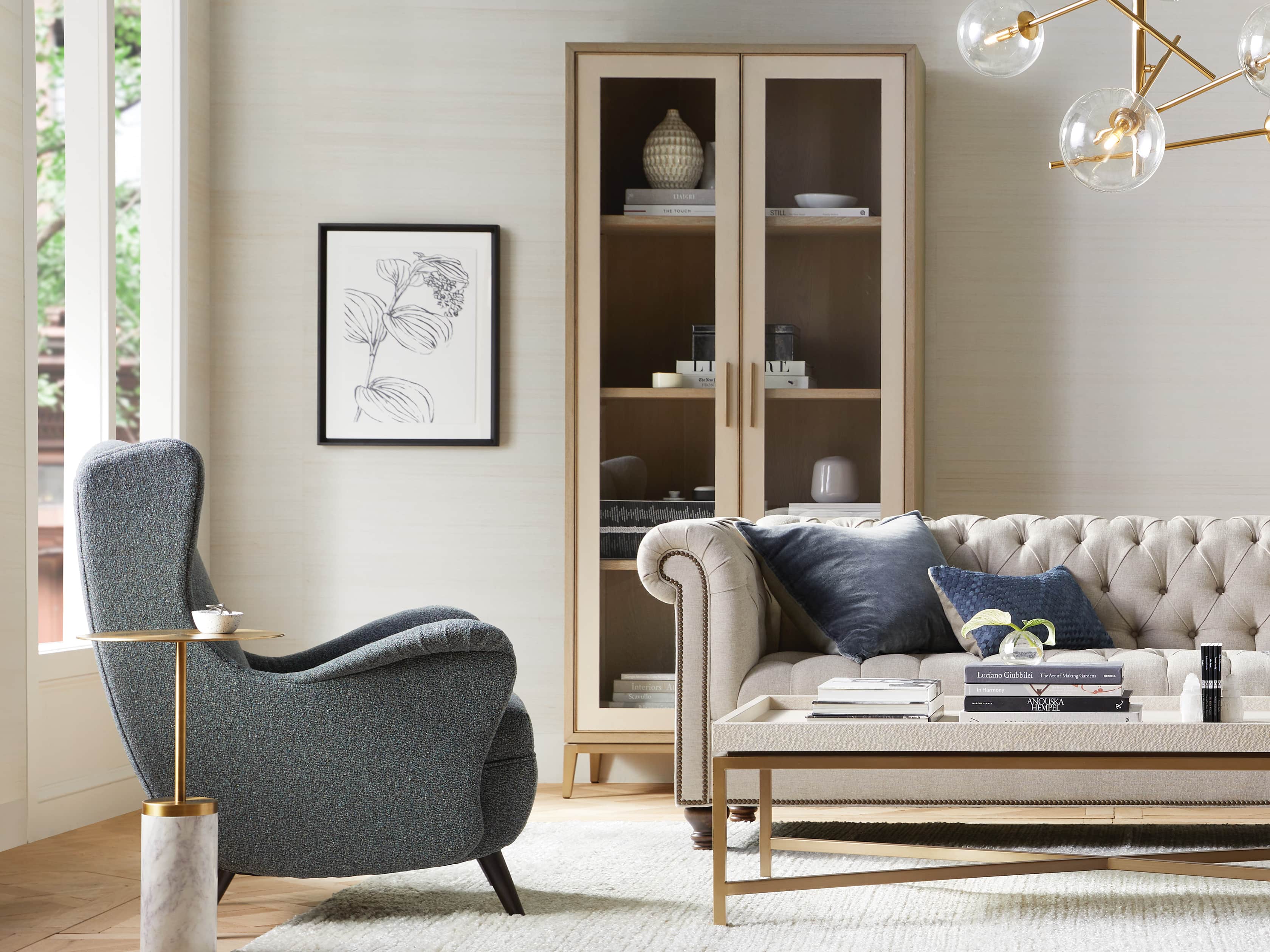 Malone 38" Display Cabinet with Glass Doors in Shagreen Bone, slide 1 of 9