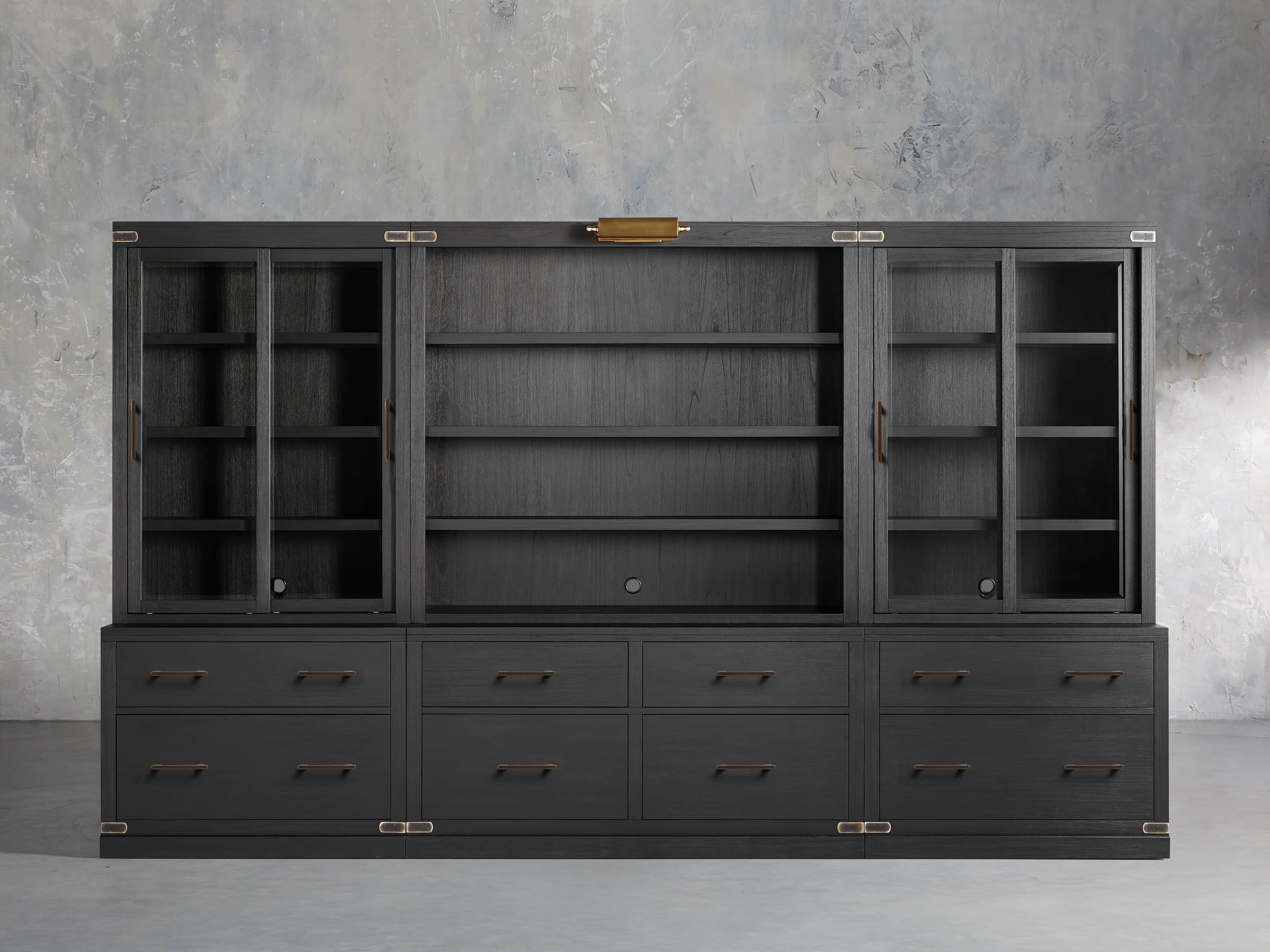 View the Tremont Modular Wall Unit with Library Sconce | Variant: DRY BRANCH BLACK