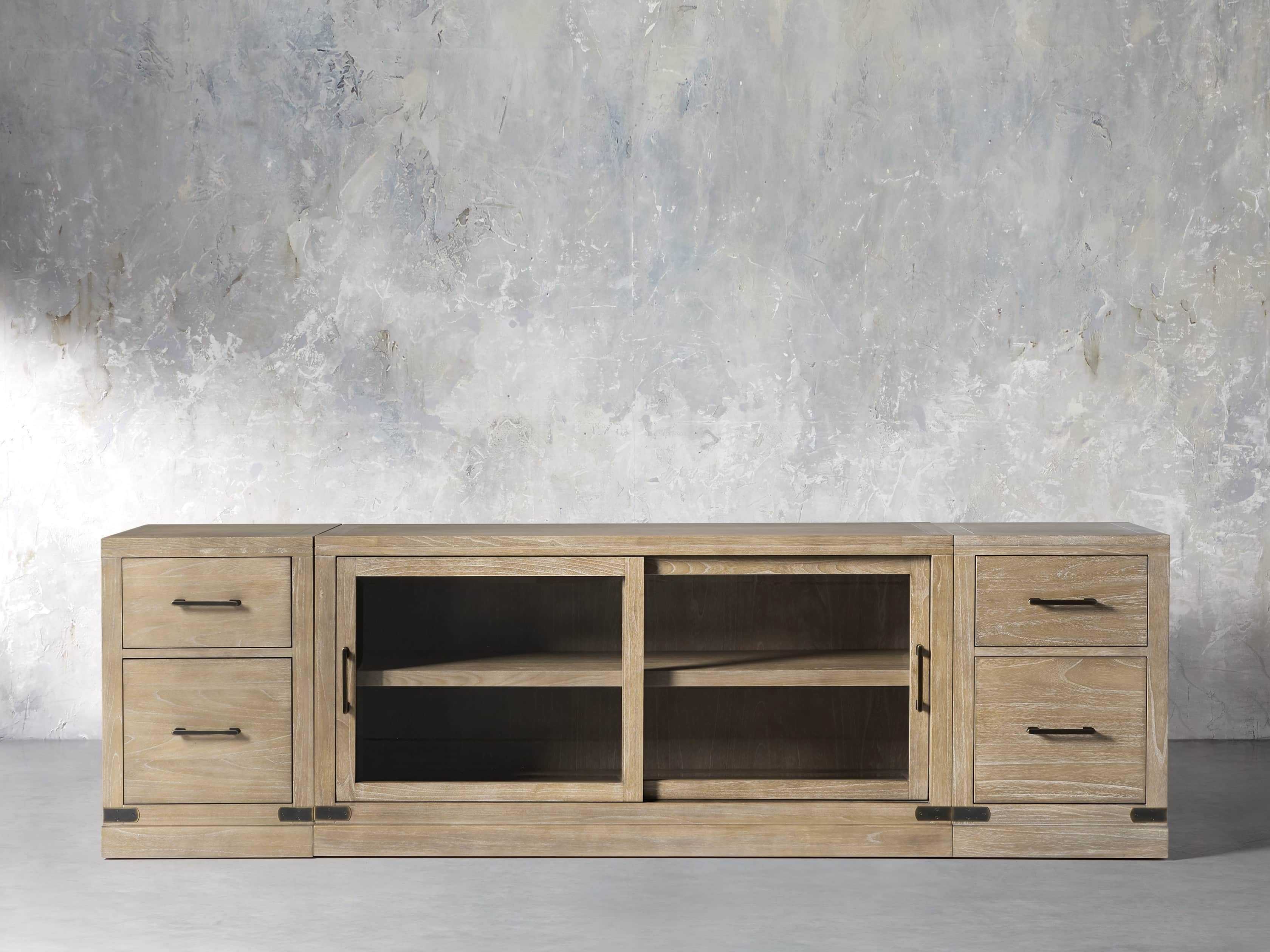 Tremont Modular 100" Media Console with Brass Handles in DRY BRANCH NATURAL